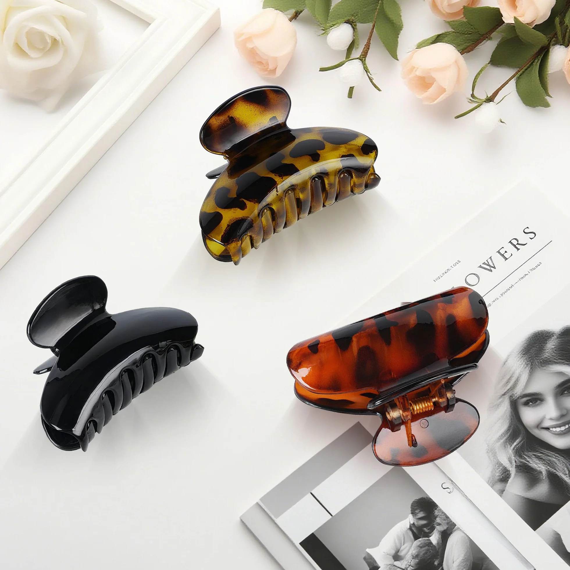 Pinzas para el pelo de plástico negro con estampado de leopardo 7 cm x 4 cm Juego de 3