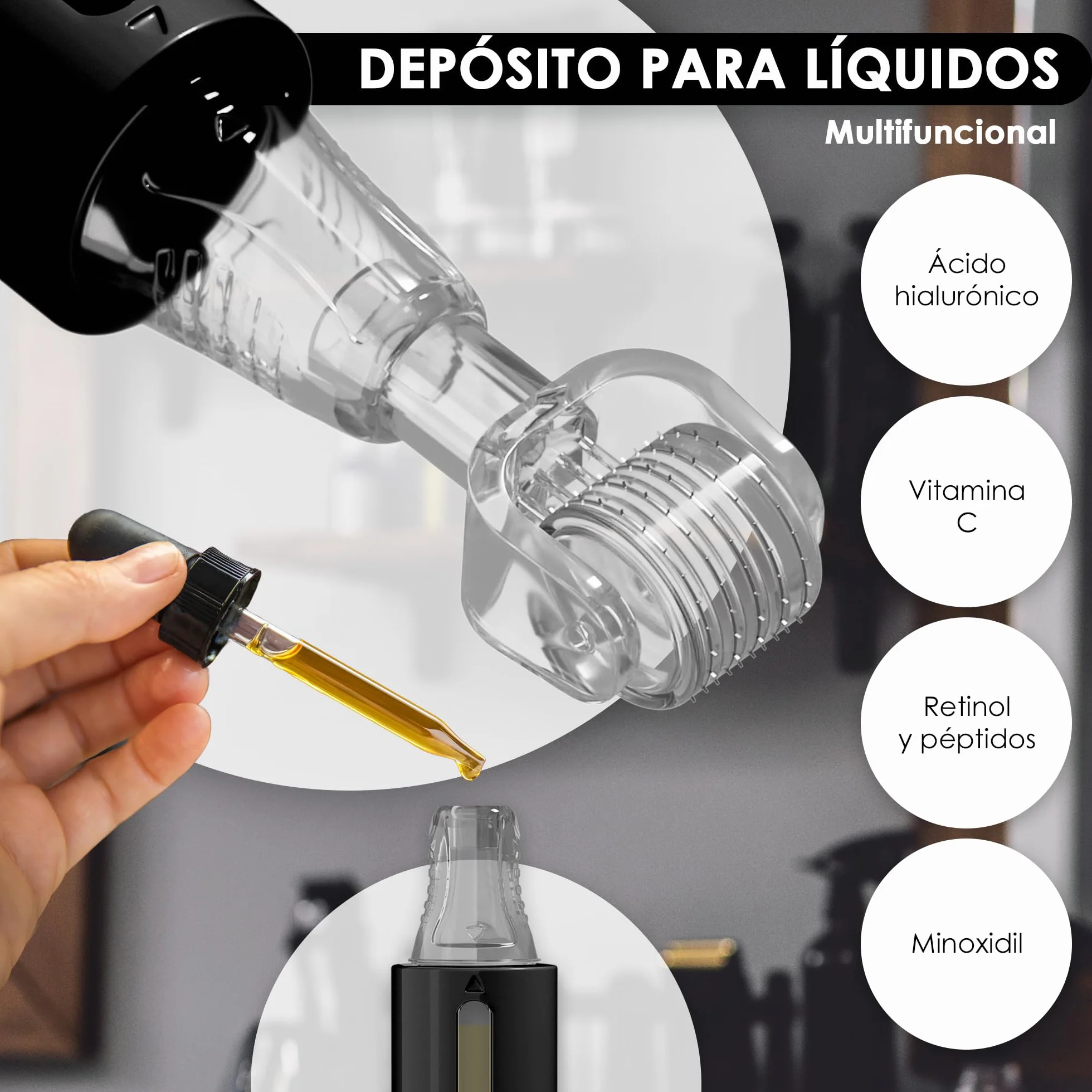 HAMINOS Derma Roller 0,5 mm con Depósito para Cabello, Barba, Piel, 105 Agujas de Titanio