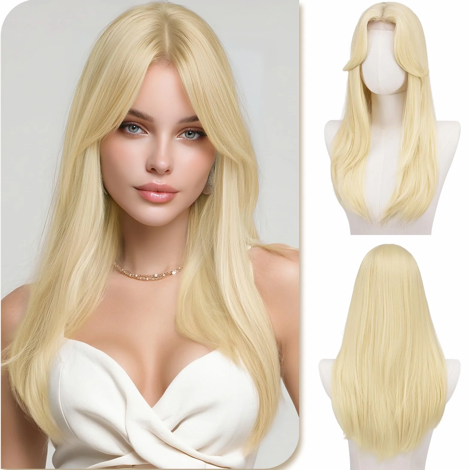 Sofeiyan 55 cm Peluca Lisa Larga con Flequillo Cortina, Lace Front Rubio Platino Sintética para Mujeres