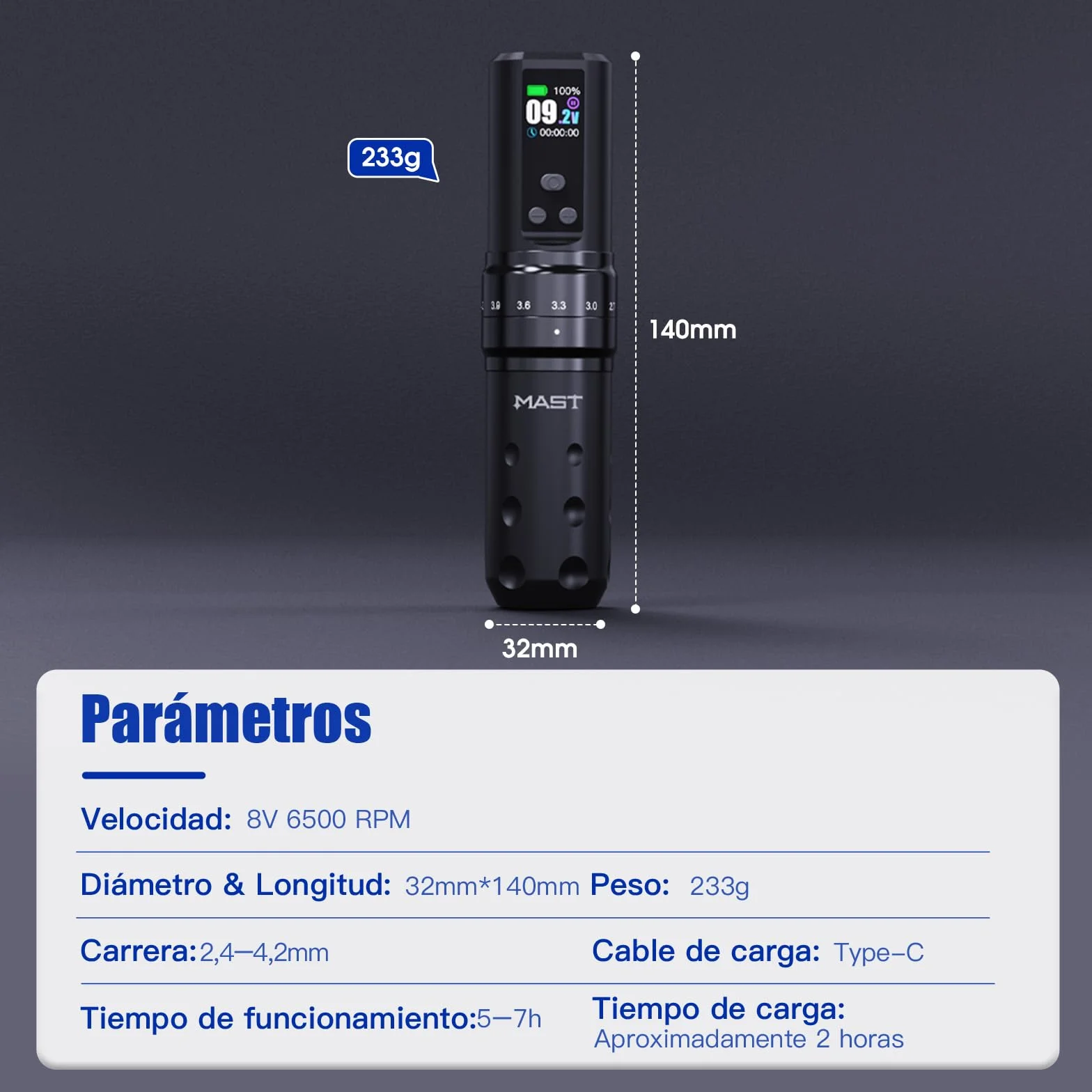 Mast Fold2 Pro Máquina de tatuaje inalámbrica pluma Máquina de tatuaje rotativa Pistola de tatuaje 7 golpes Longitud 2pcs Batería 2000mAh Motor poderoso por Mcore Pantalla de pantalla inteligente Rosa