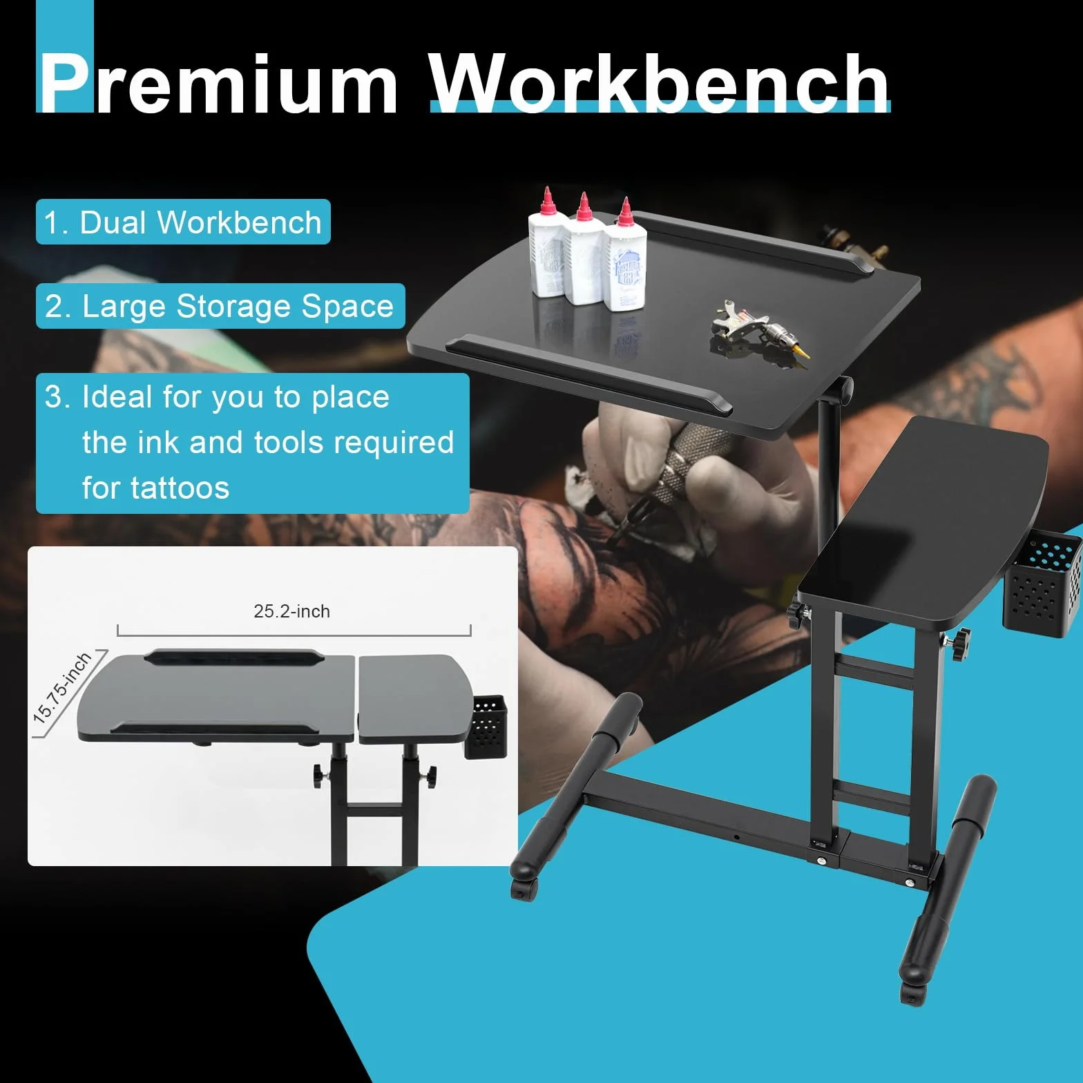 Mesa de tatuaje móvil ajustable, 65-97 cm, portátil, estación de trabajo con ruedas, accesorios de tatuaje, mesa móvil, escritorio, para salón, estudio, encimeras de trabajo dobles, carrito