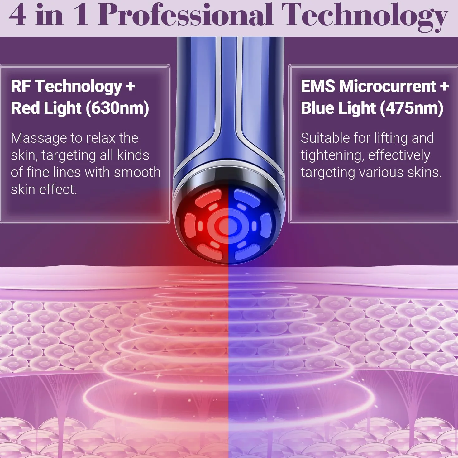 Radiofrecuencia Facial - TUMAKOU 4 en 1 EMS Microcorrientes Facial | Azul Luz Roja Terapia Masajeador Facial - Aparato Radiofrecuencia Facial - Masajeador Facial Reafirmante Antienvejecimiento