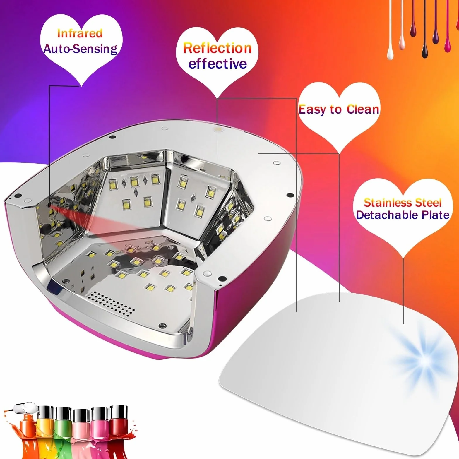 Lámpara LED para uñas, Lámpara UV for uñas de 96 W, no recargable, lámpara gel, secador LED con 4 temporizadores, sensor automático, curado rápido
