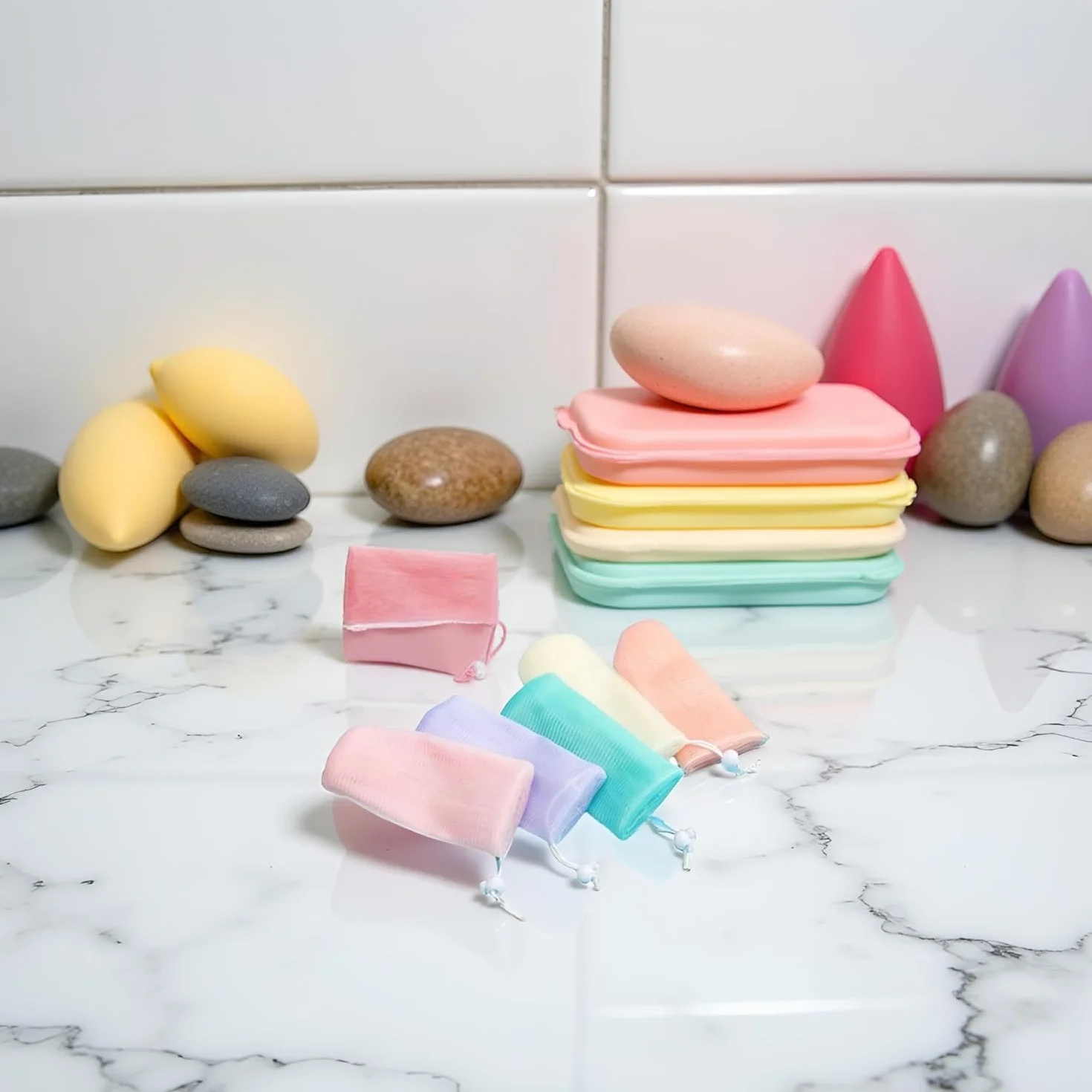 Bolsas de jabón de malla exfoliante multicolor para ducha, espuma de burbujas, red con cordón