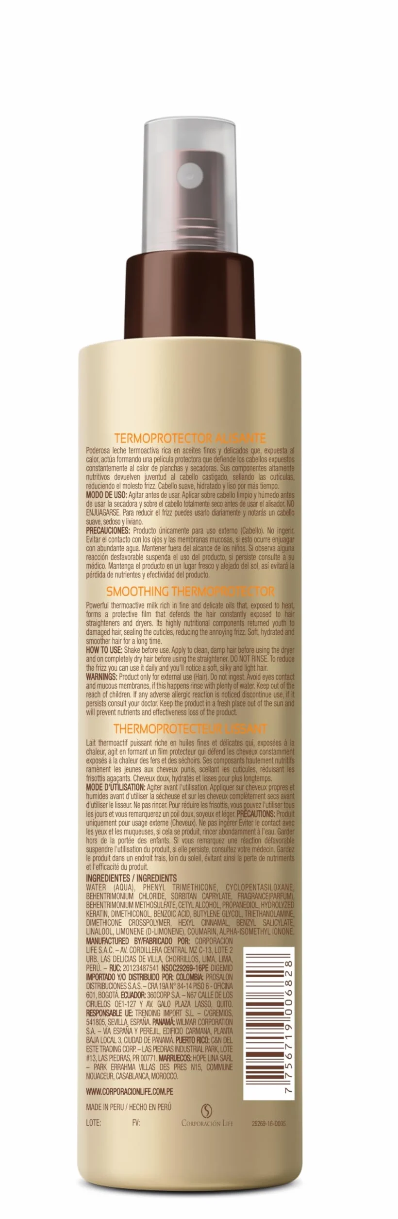 PLACENTA LIFE Be Natural Lisso Keratina Termoprotector Alisante 250 ml – Protección Térmica Control Frizz Brillo Suavidad Cabello Liso