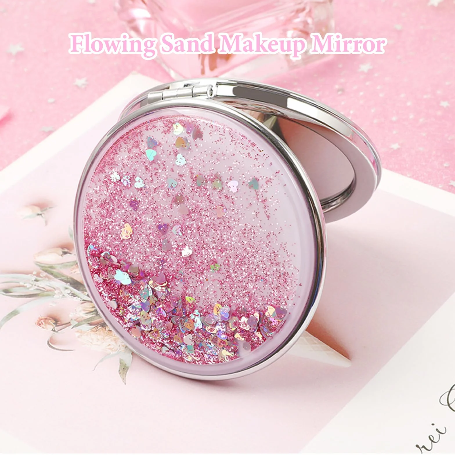 Espejo de Bolsillo Plegable Redondo Rosa Metal Maquillaje