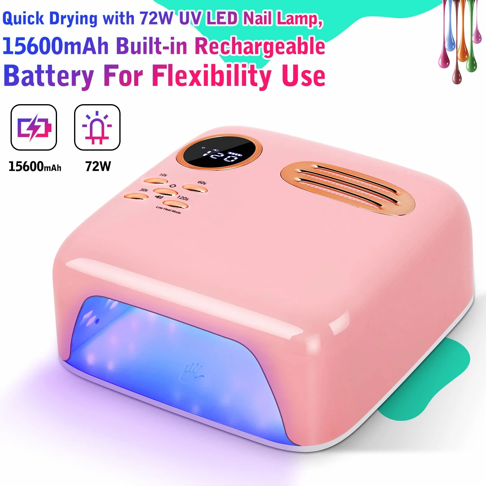 Lámpara de uñas LED UV inalámbrica - Secador de uñas profesional de 72 W con 36 cuentas UV/LED, batería recargable de 15600 mAh, 4 temporizadores, sensor automático, luz de curado de esmalte