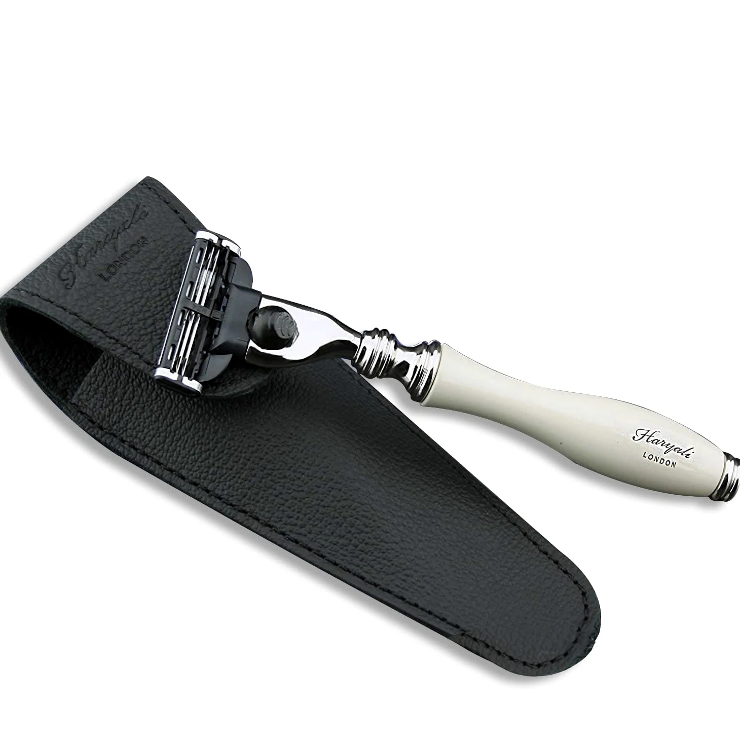 Maquinilla de afeitar de tres cuchillas para hombre en marfil con funda de piel auténtica | Afeitado y cuidado de hombre > Esenciales de viaje para hombre – Set de regalo