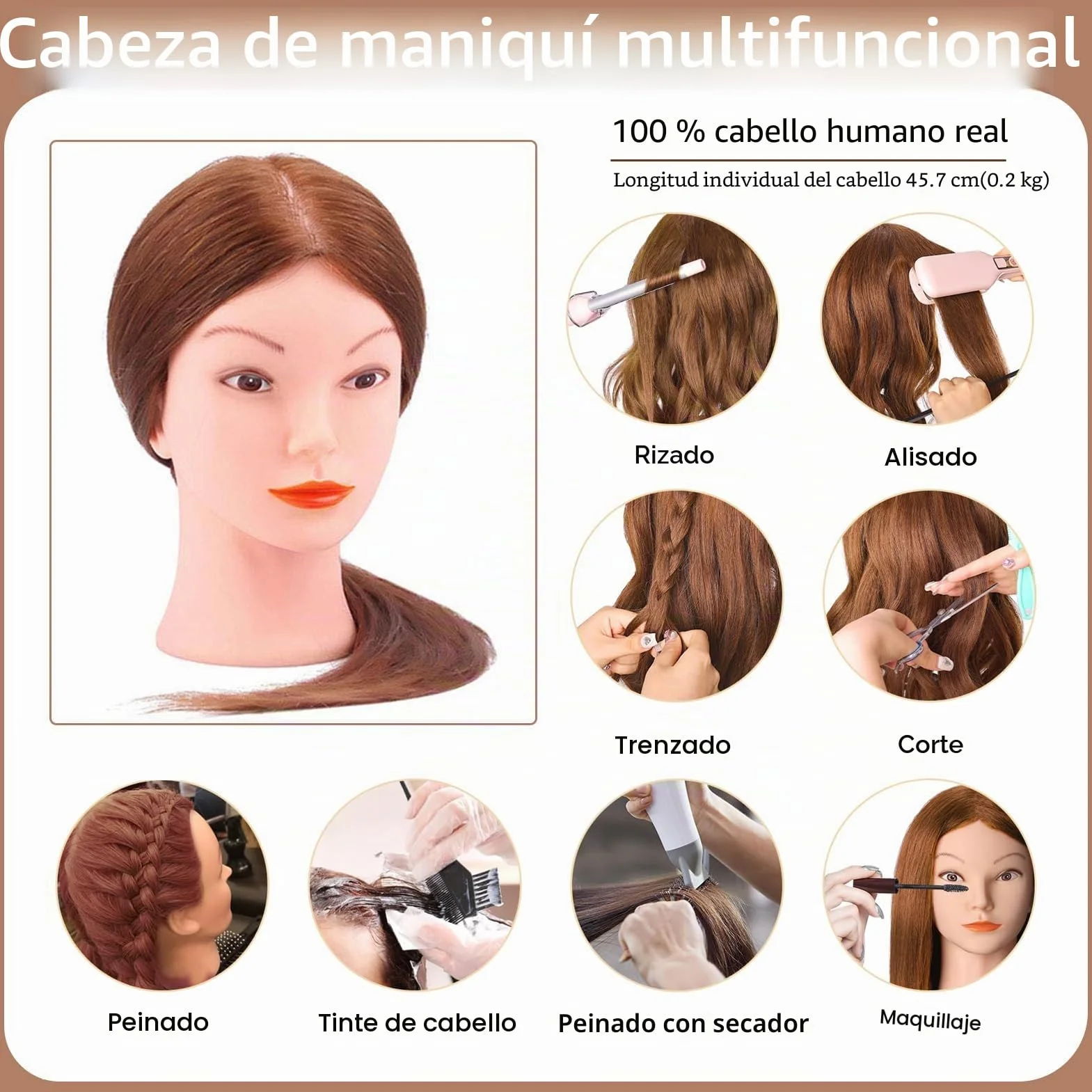 TopDirect 18" Cabeza de Maniquí Cabello Humano Real para Practicas Peluquería con Soporte de Mesa