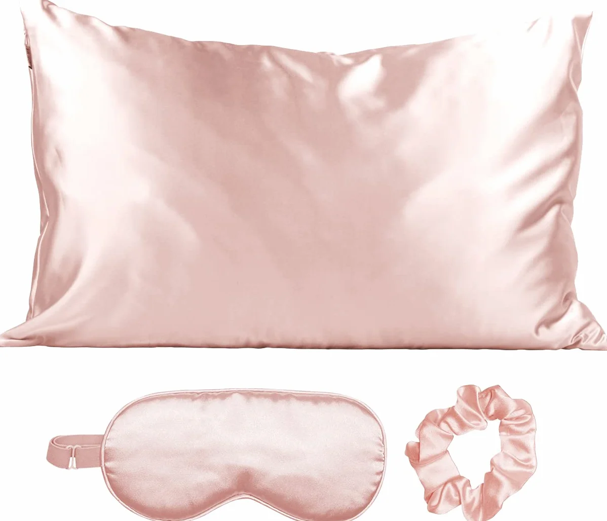 Kitsch Juego de Dormir de satén | Juego de Funda de Almohada y máscara de Ojos más Suave Que la Seda, Incluye 1 Funda de Almohada de satén, 1 Antifaz de satén y 1 coletero de satén, (Rubor)
