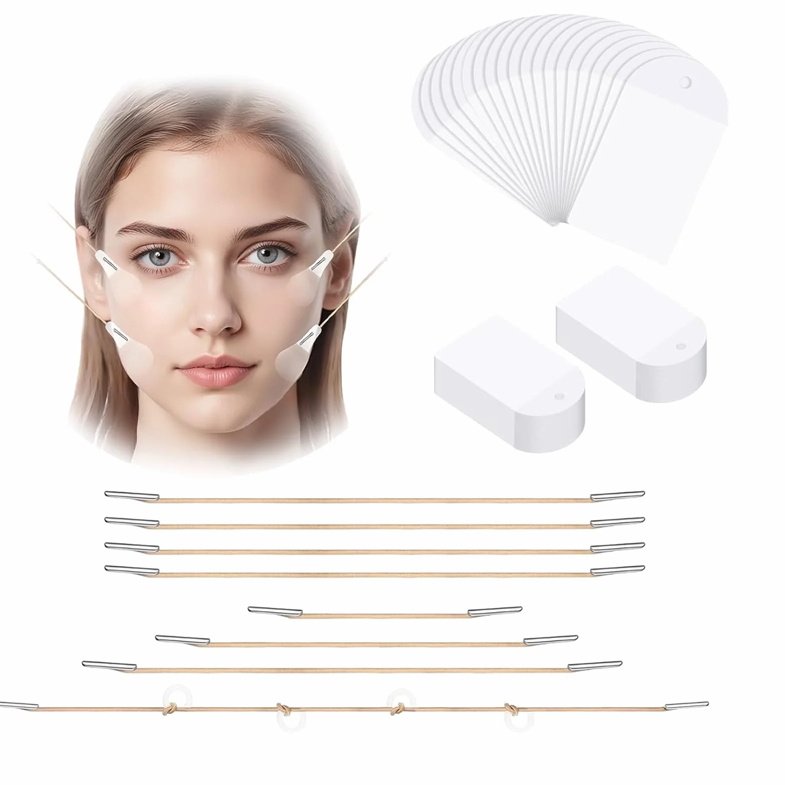 Kit de Cintas Lifting 80 Parches Invisibles + 4 Elásticos Hilos Tensores Faciales