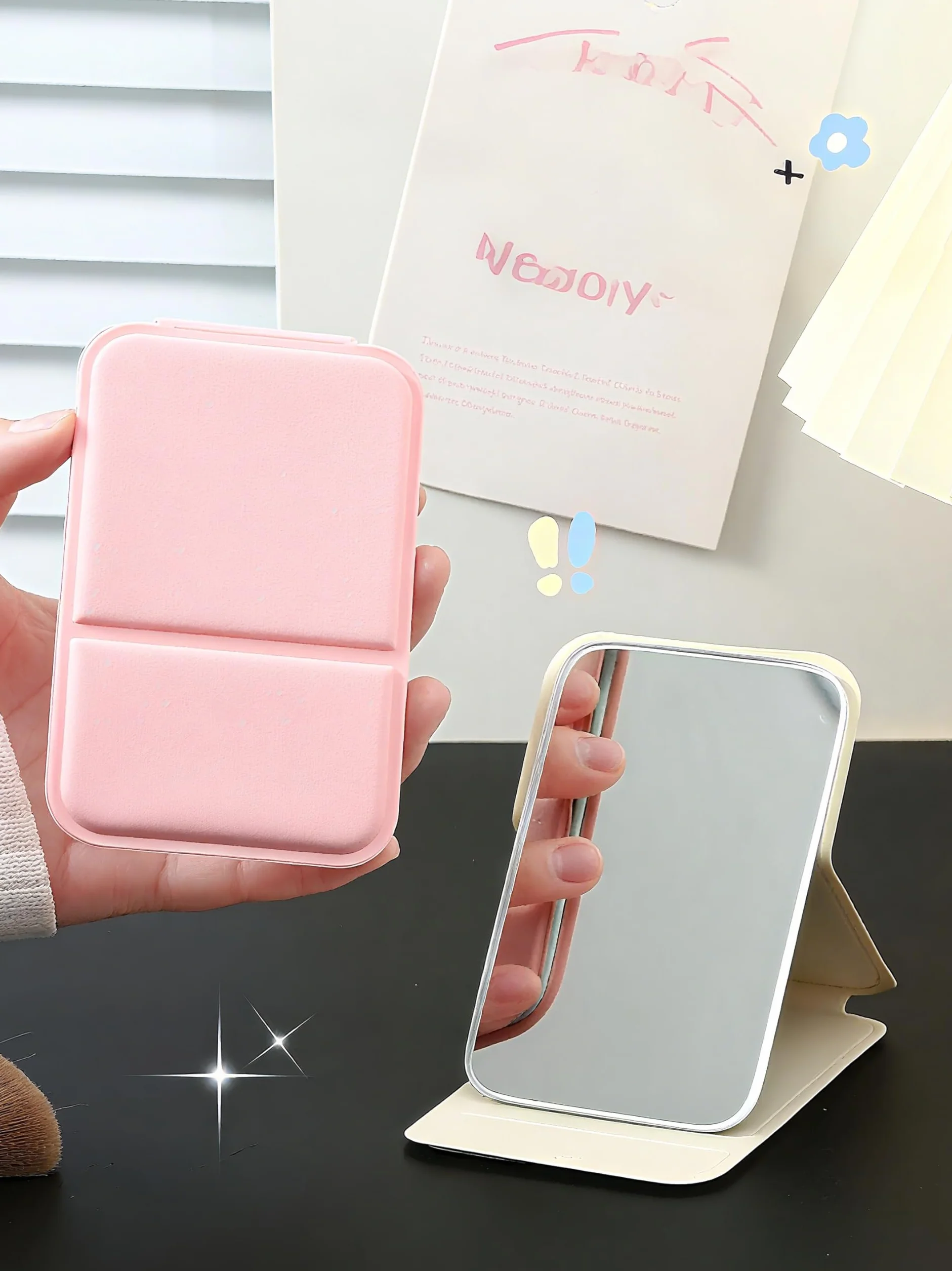Espejo de Viaje Portátil Plegable Compacto con Soporte, Mini Espejo de Maquillaje para Bolsillo y Bolso