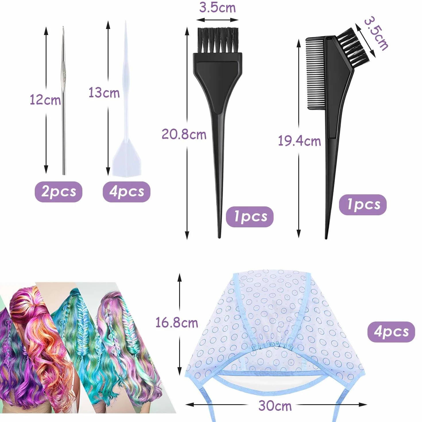 12 Piezas Gorro de Tinte Desechable con Cepillo y Ganchos, Herramienta para Teñir el Cabello en Peluquería y Salón