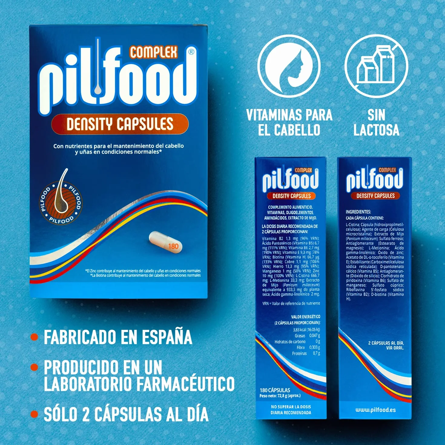Pilfood Density Vitaminas para el Cabello - Tratamiento Anticaída con Biotina, Zinc y Vitaminas Esenciales (180 Cápsulas)