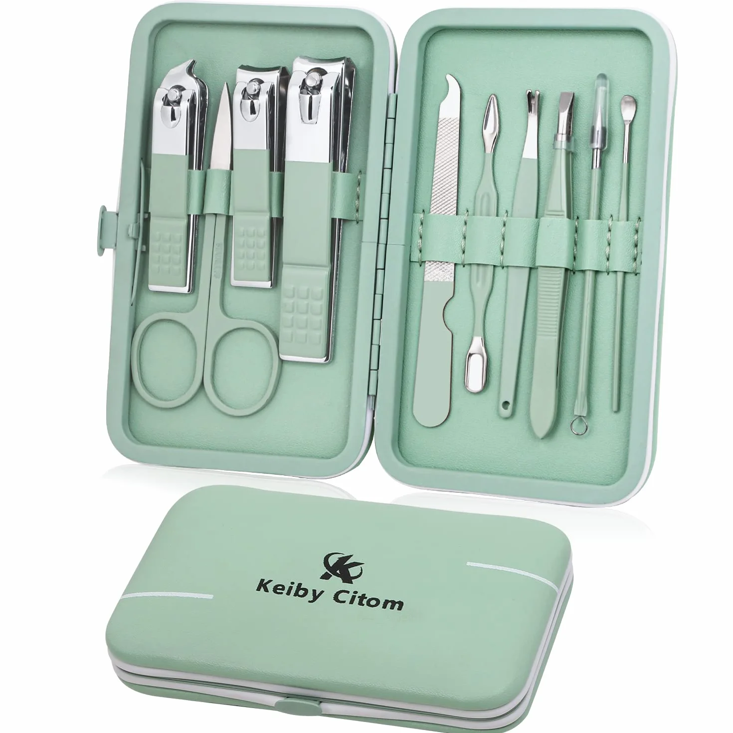 Set de Manicura Pedicura Profesional Cortaúñas Acero Inoxidable 10 Piezas Caja de Cuero Verde