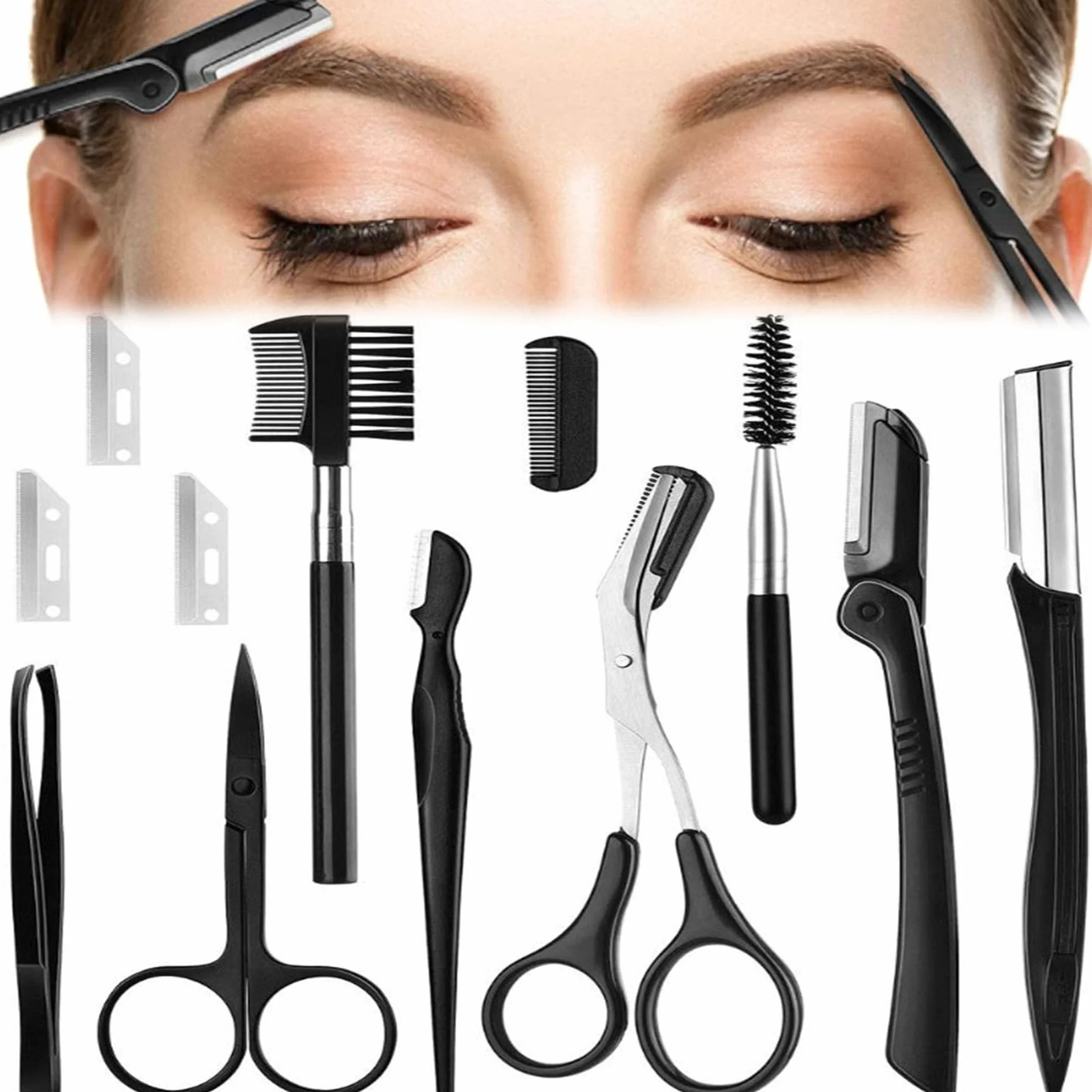 Juego de 6 Piezas Recortar Cejas Pinzas Tijeras Maquinilla Afeitar Cepillo Acero Inoxidable