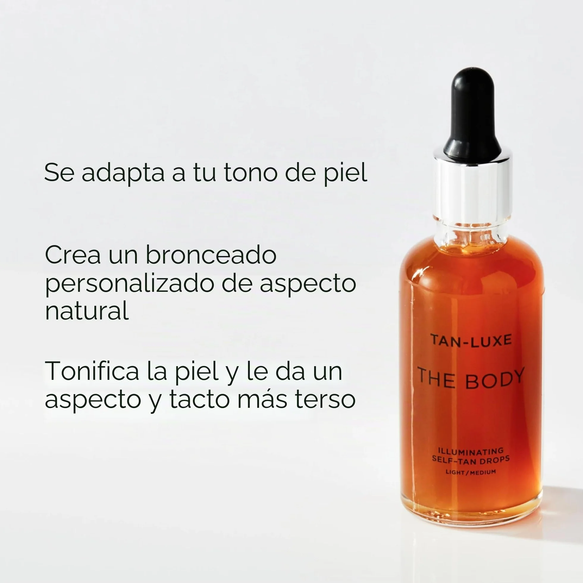 Tan Luxe THE BODY gotas autobronceadoras, ligeras/medias (50 ml) Agregue gotas bronceadoras al cuidado de la piel para un bronceado corporal personalizado que es vegano y libre de crueldad animal