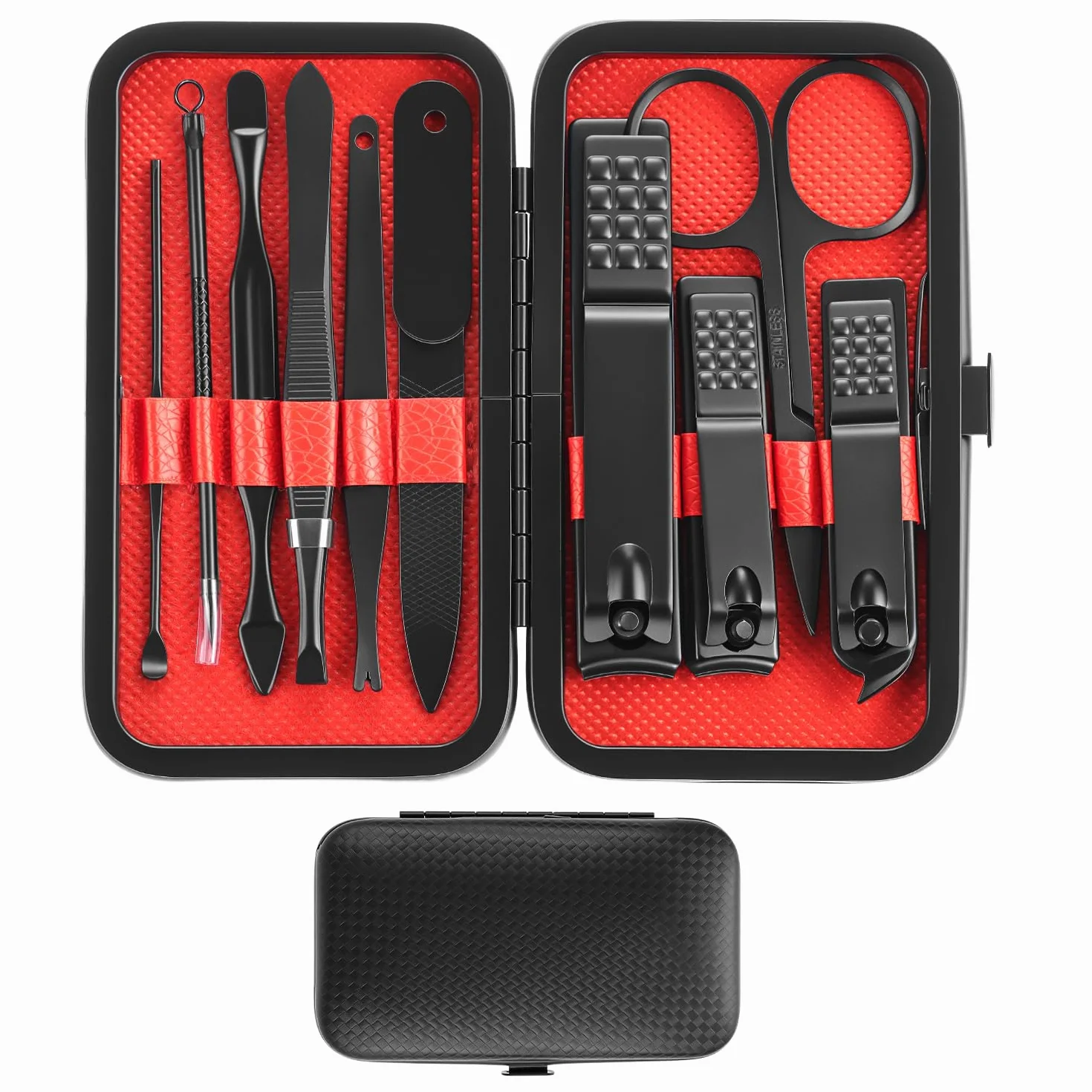 QWORK Juego de Manicura y Pedicura 10 Piezas Cortaúñas Acero Inoxidable Negro Mate Kit Profesional Estuche Cuero Sintético