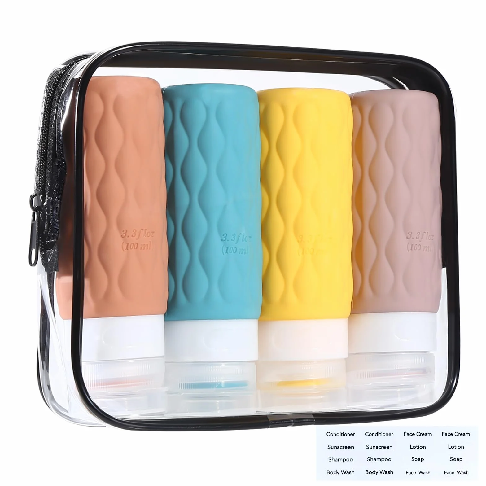 Botes viaje rellenables 100ml TSA aprobado sin BPA neceser transparente