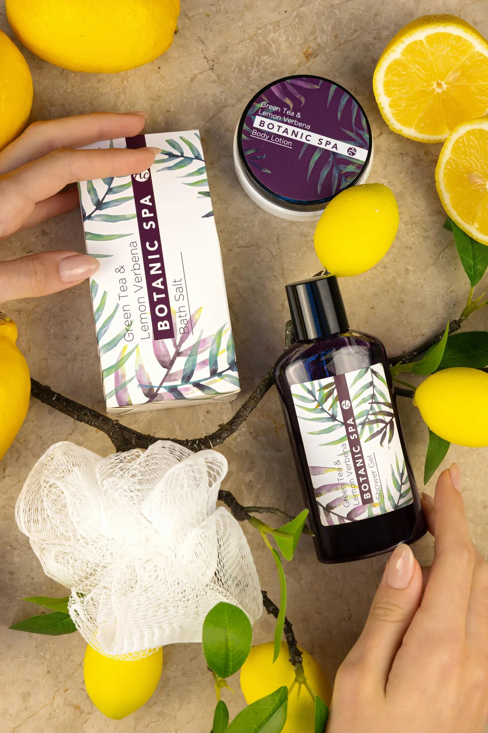 Accentra Botanic SPA Set de Baño Mujer Cesta Hierba Marina Kit Tratamiento 4 Piezas Gel Ducha Sales Baño Loción Corporal Esponja Malla Regalo Bienestar