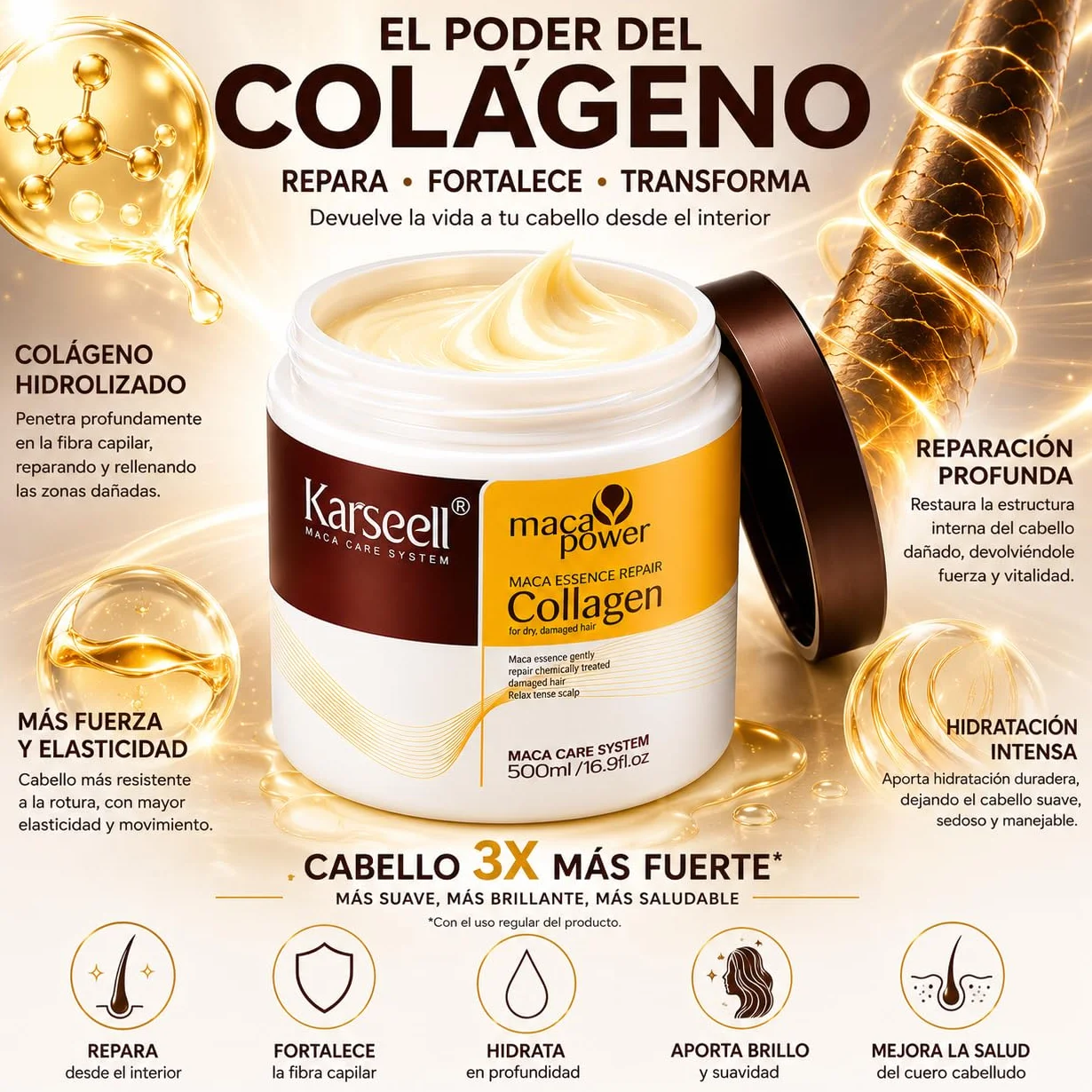 Karseell MACA CARE SYSTEM Mascarilla Capilar Profesional Colágeno Aceite Argán Coco Aguacate Keratina Karité Reparadora 500ml