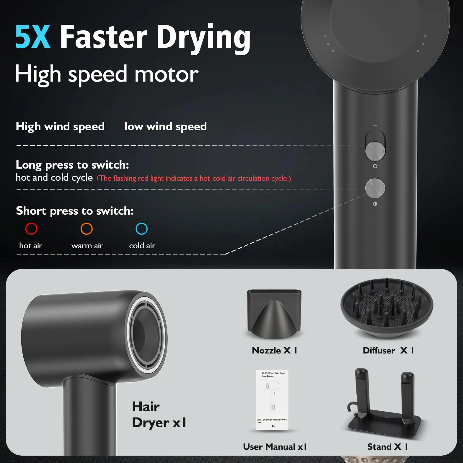 Secador Pelo Profesional Iónico con Difusor, 160.000 RPM, Negro | Motor sin escobillas, flujo de 65 m/s, 59 dB, 3 temperaturas y 2 velocidades para alisar, dar volumen y definir rizos
