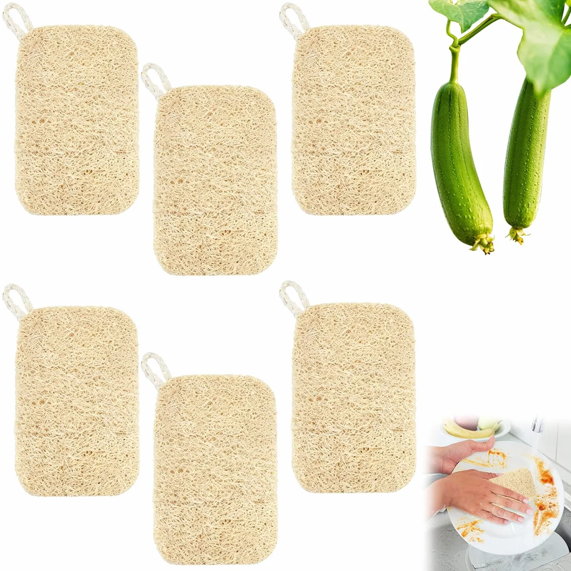 Lufa Natural Estropajo 6 Piezas 9x14 cm Loofah Sponge Resistente a Manchas Repelente Aceite Absorbente