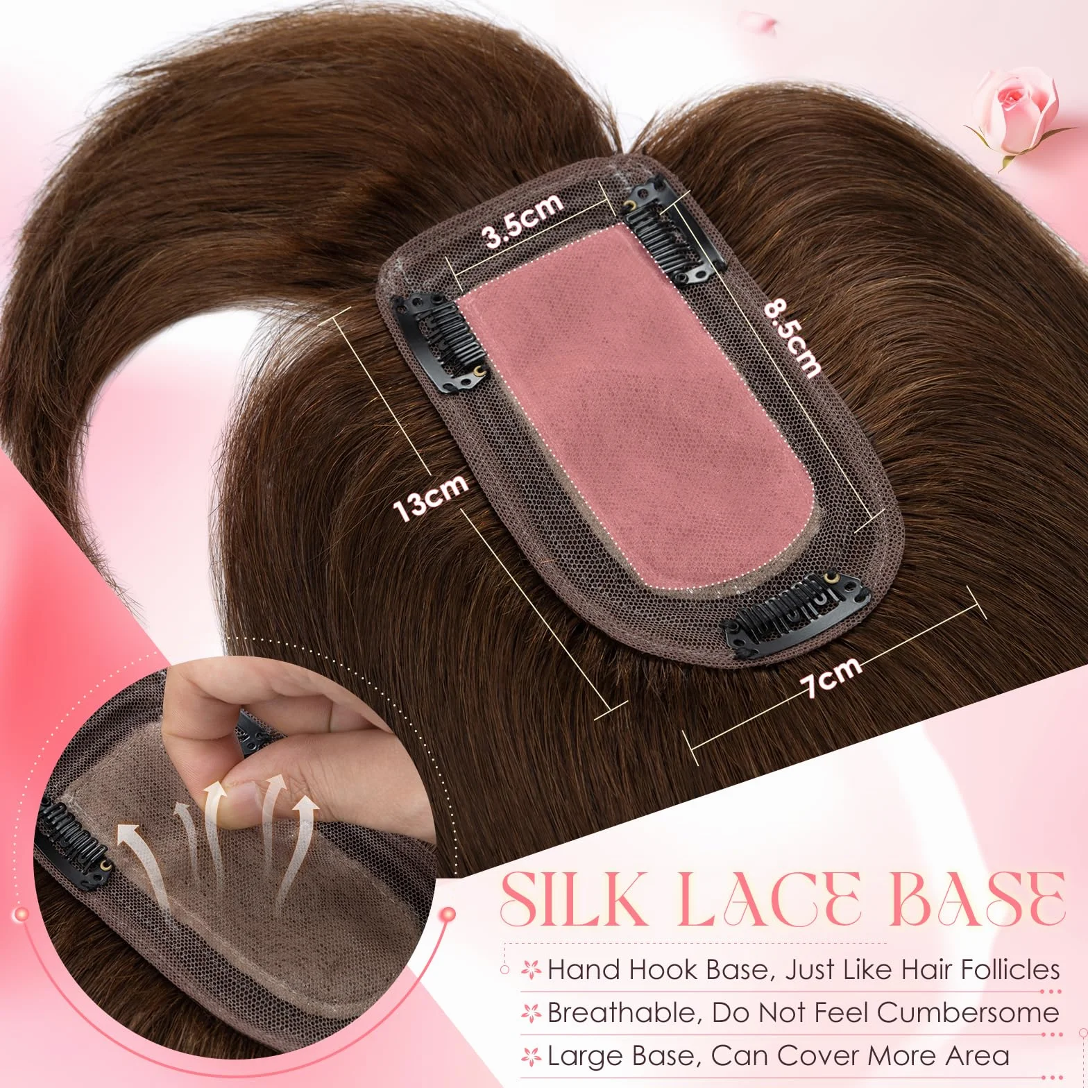 Elailite Flequillo Protesis Capilar Mujer Pelo Natural Clip Postizos Hair Topper Toupee Capilares Encaje Base 7cm*13cm Cabello Humano 45cm 53g #04 Castaño Medio