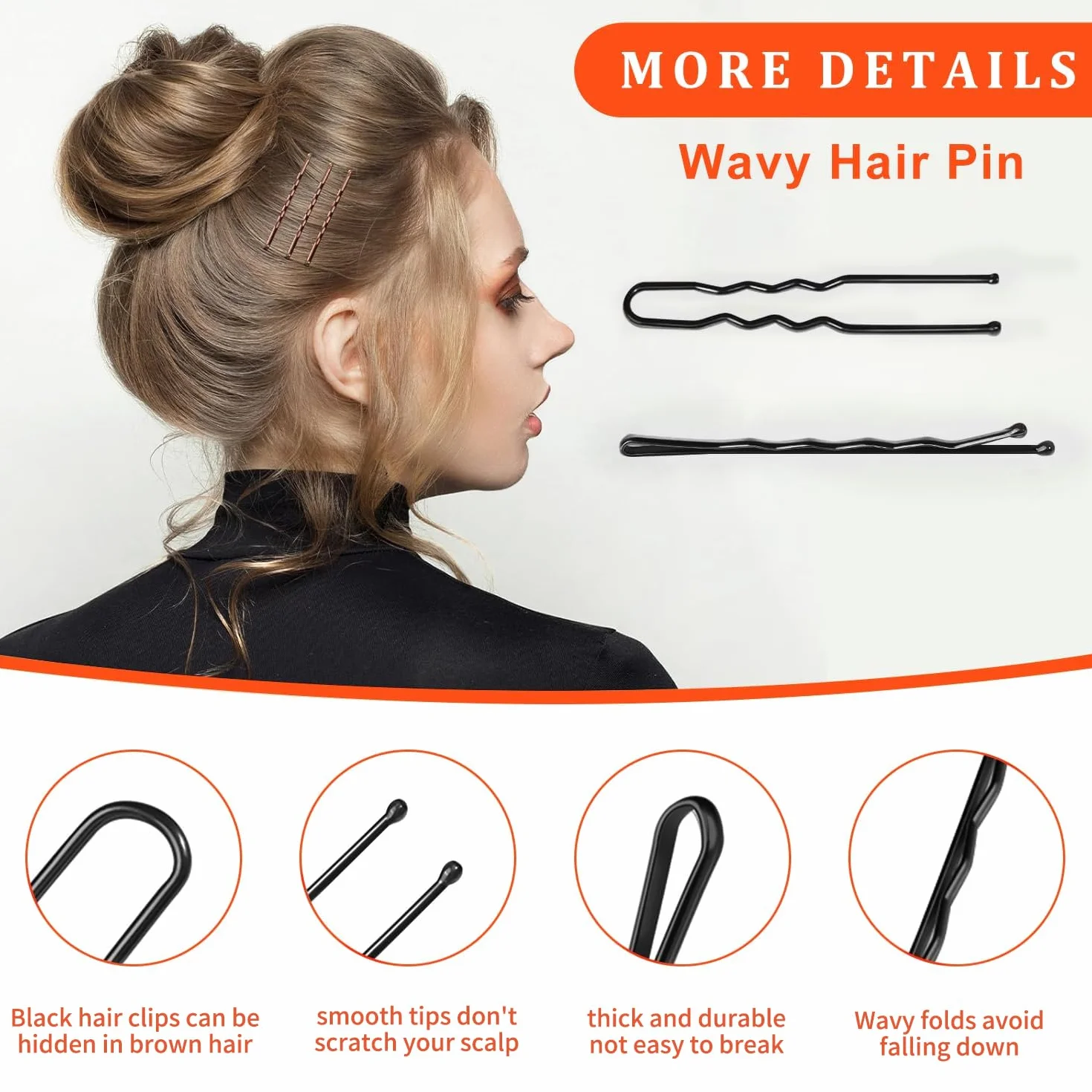Pinzas para el Pelo Mujer 500 Horquillas en U 2 pulgadas 2.36 pulgadas Pasador de Pelo Ondulado 2 pulgadas 2.75 pulgadas Diademas Transparentes con Caja Portátil Negro