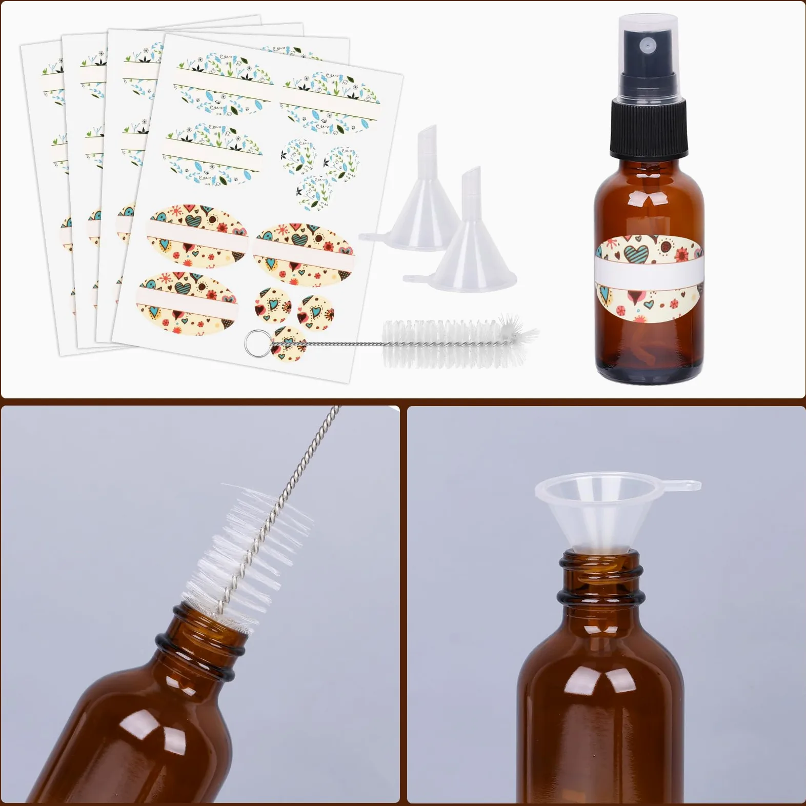 Paquete de 24 botellas de spray ámbar de 1 onza con pulverizador de niebla fina, botellas de viaje de vidrio de 30 ml para aceites esenciales cosméticos, soluciones de limpieza, perfumes y