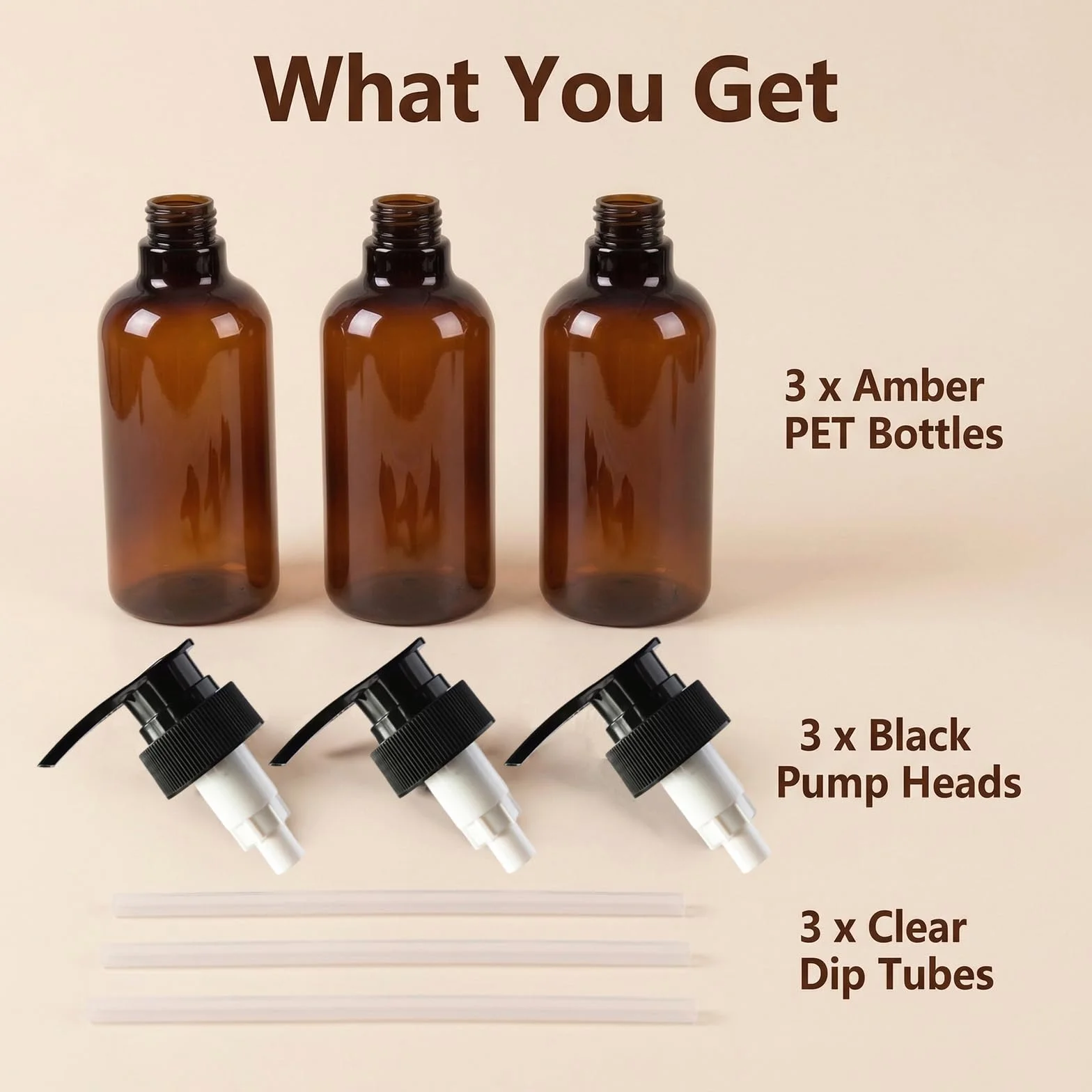 3 Botellas Recargables de plástico de 250ml Color marrón ámbar con Bomba Negra vacía envases de artículos de tocador para champú acondicionador de Pelo Gel de Ducha dispensadores de lociones