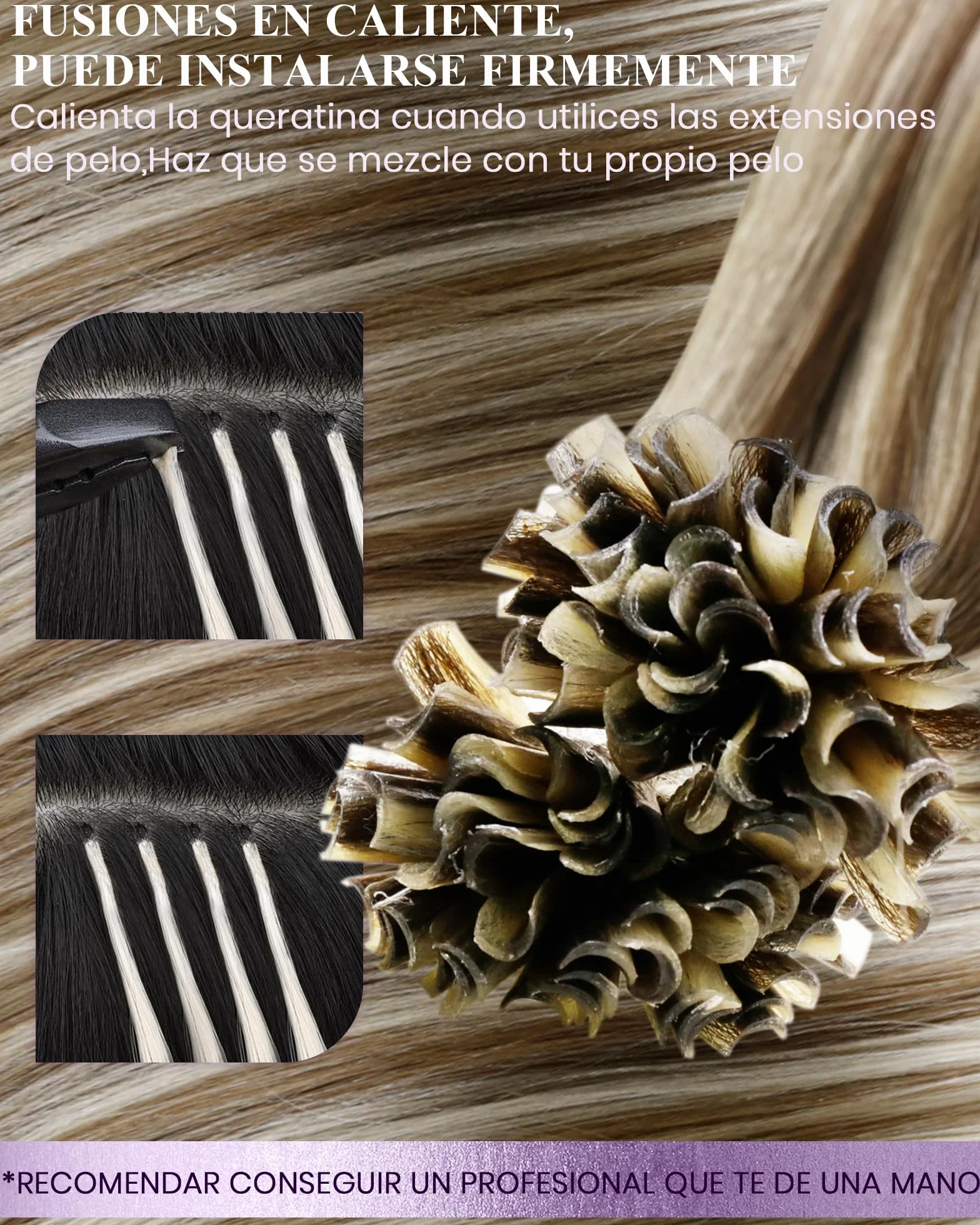 LaaVoo Extensiones Queratina Pelo Natural Marrón Claro Rubia Platino 50g 22 Pulgadas 55cm #P8/60