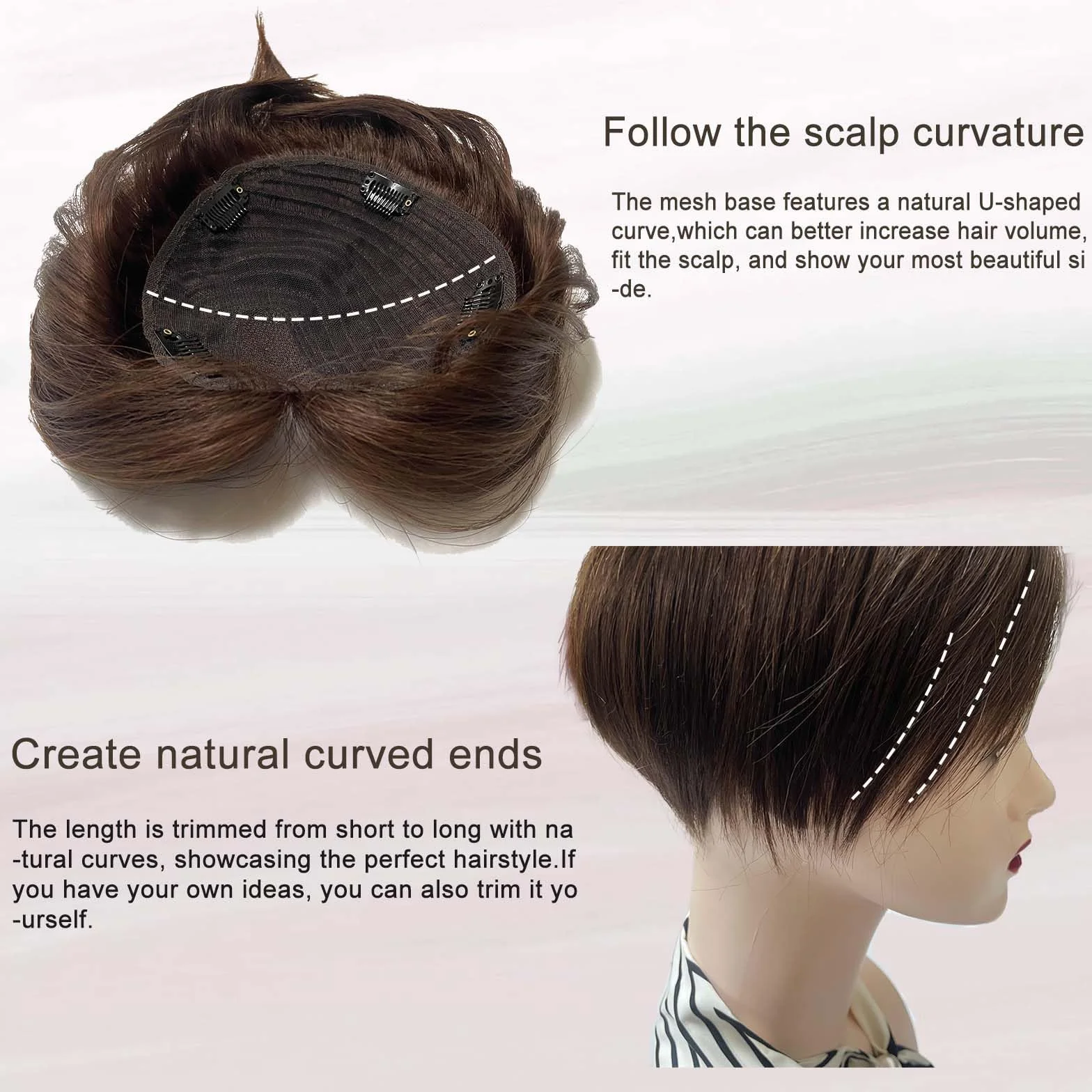 Extensiones de cabello humano para mujeres con adelgazamiento de 16 x 18 cm, gran cobertura de cabello con clip para uso diario, cobertura de pelo gris, castaño medio