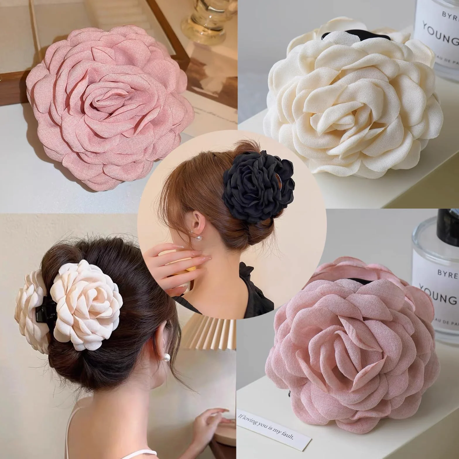 Juego de 3 pinzas grandes para el pelo diseño rosa negro beige claro