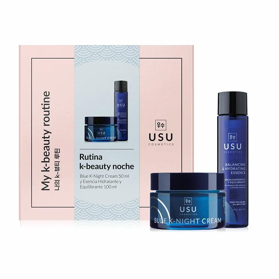 Pack de Rutina K-Beauty de Noche - Esencia Hidratante y Equilibrante + Crema Facial Antiedad Blue K-Night Cream - Combate el Envejecimiento Prematuro - Refresca e Hidrata- USU Cosmetics