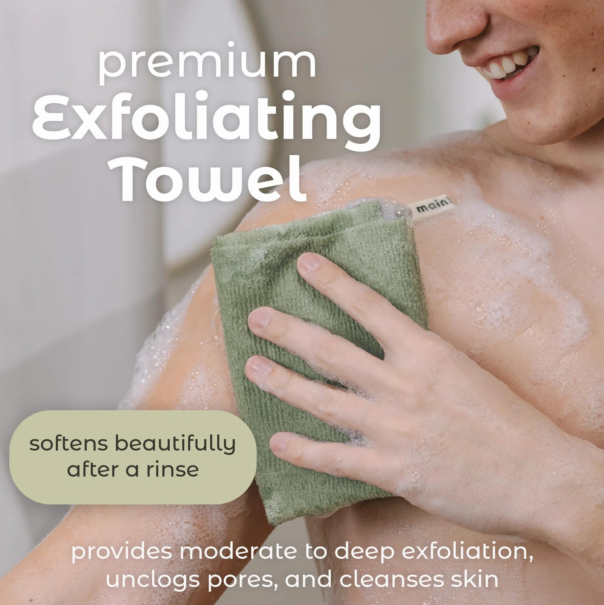 MainBasics Toalla de ducha exfoliante – Toalla de baño y paño corporal de nailon japonés, secado rápido, duradera, exfoliación media (juego de 3, Earthy Love)