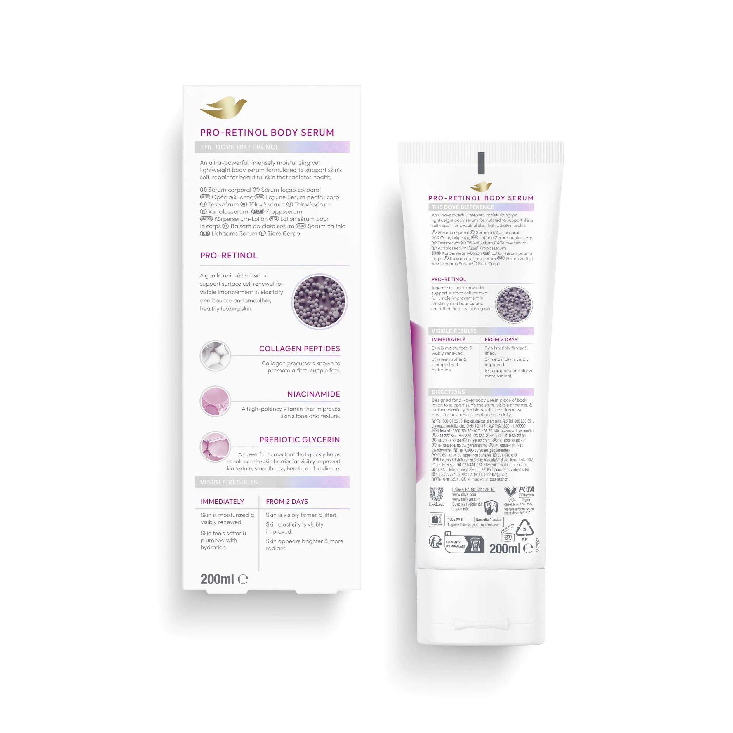 Dove Sérum Corporal Pro-Retinol+Reafirmante 200 ML con péptidos de colágeno, niacinamida y glicerina prebiótica