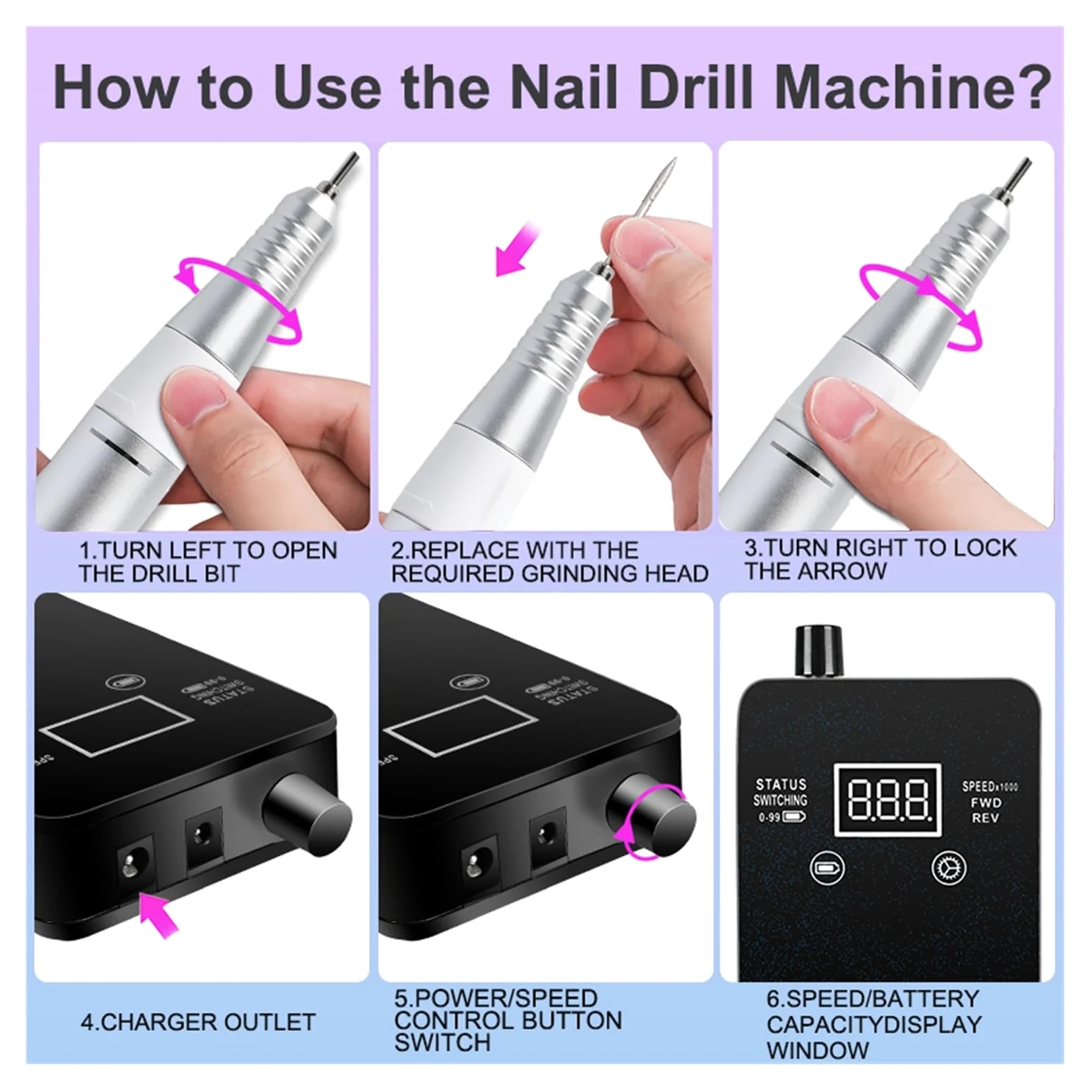 Torno para Uñas, Taladro de uñas recargable portátil de 30000RPM, juego de lijadora de uñas, taladro de manicura eléctrico de alta velocidad for esculpir herramientas de salón