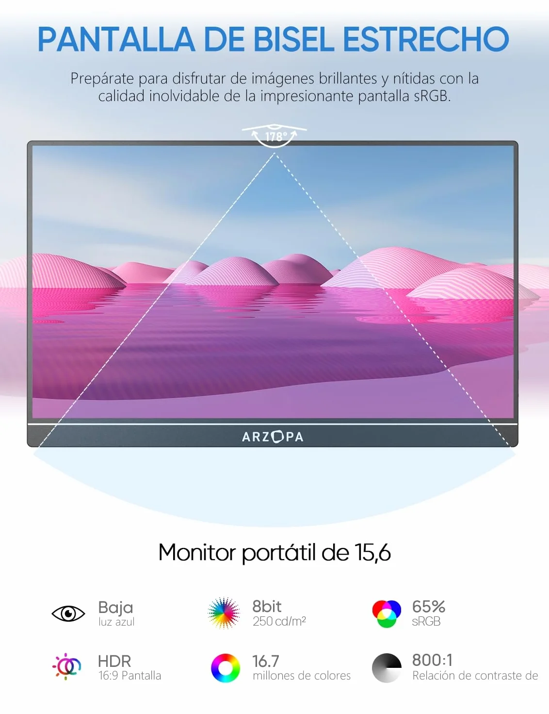 ARZOPA Monitor Portátil IPS FHD 15,6" 1920×1080 con Soporte, Segunda Pantalla Ultradelgada para Portátil/PC/Mac/PS3/4/5/Xbox - A1