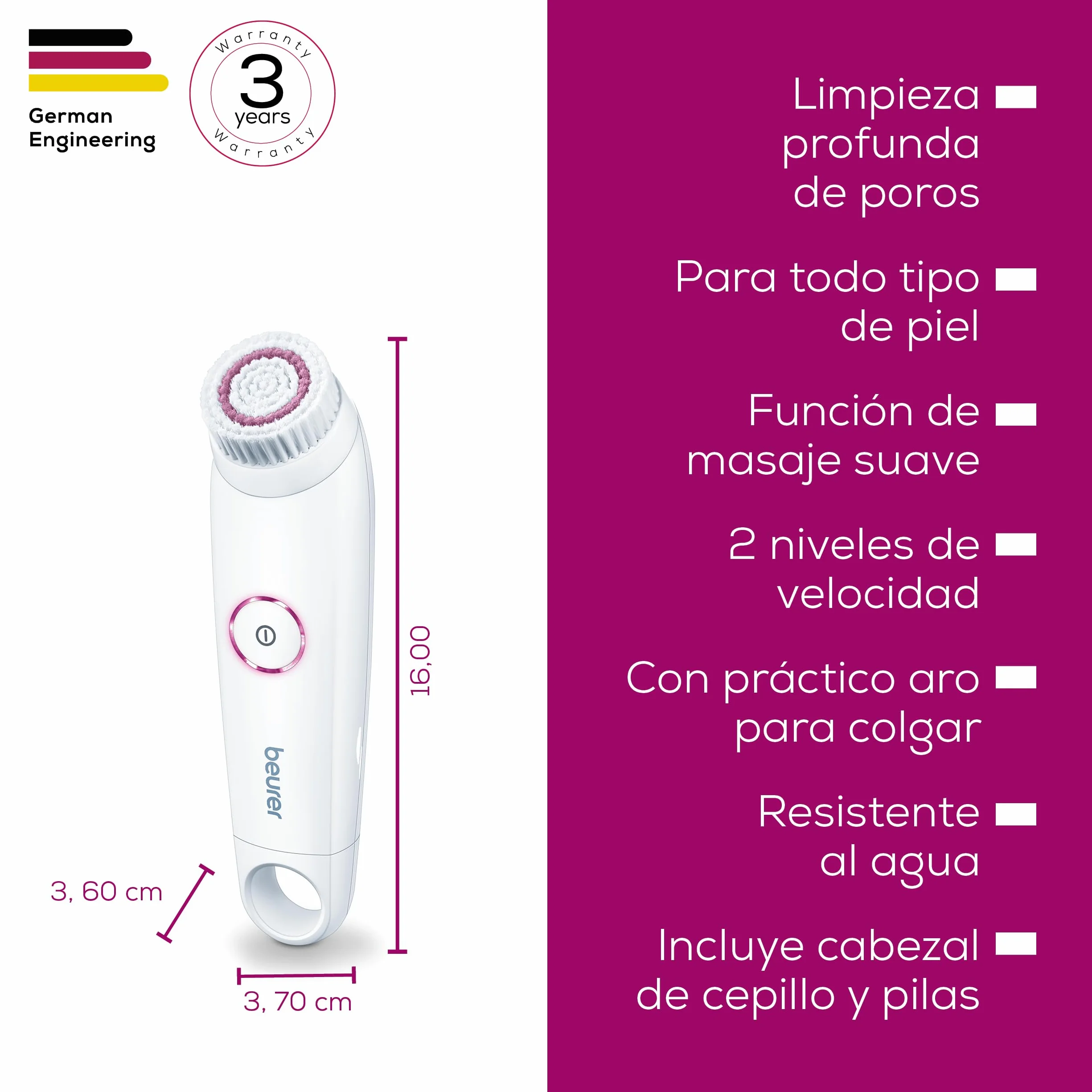 Beurer FC 45 cepillo limpiador facial eléctrico, limpieza profunda, rotación 2 niveles, resistente al agua, blanco