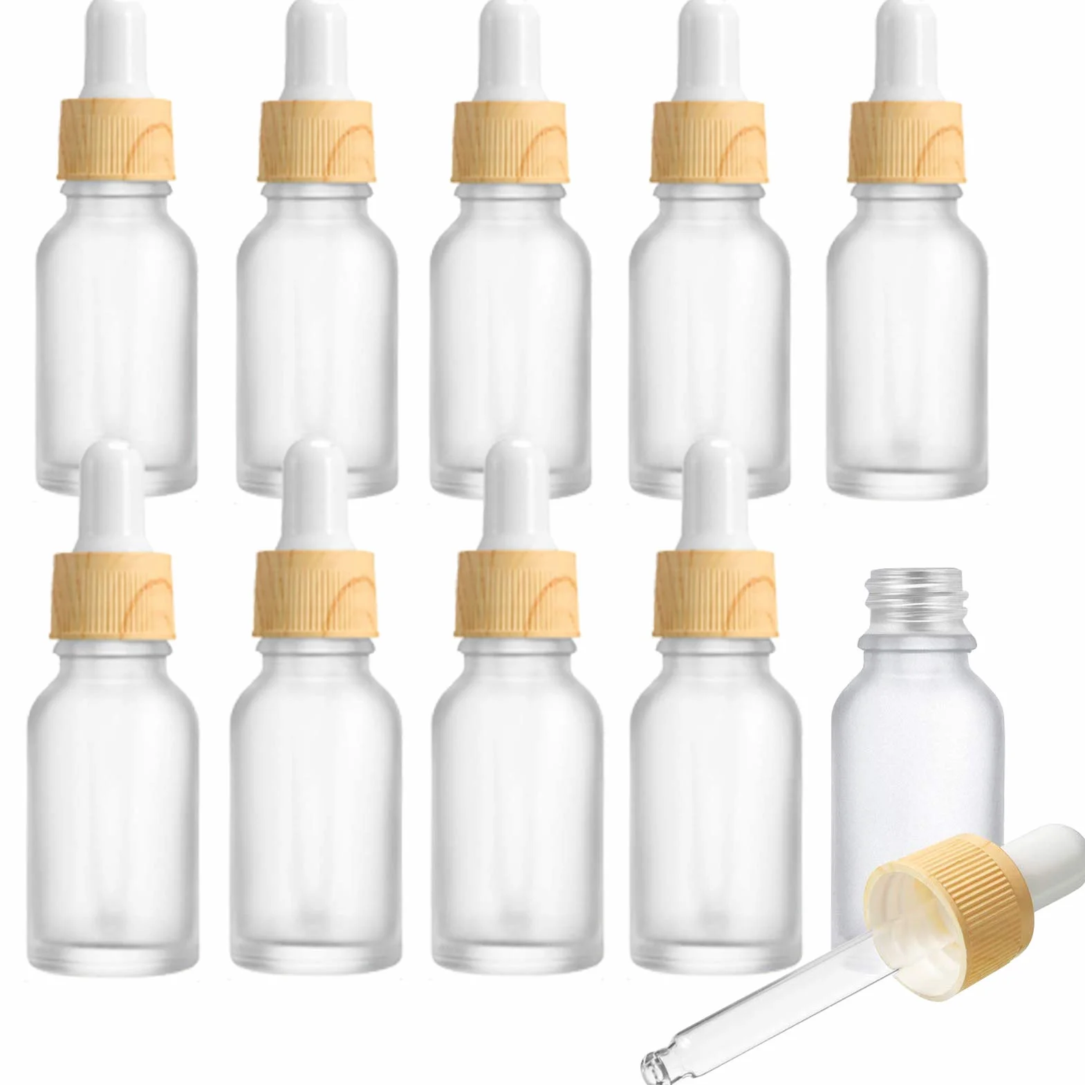 Botellas de vidrio esmerilado 10 ml con pipetas cuentagotas, mini botellas vacías tapa plástico grano madera