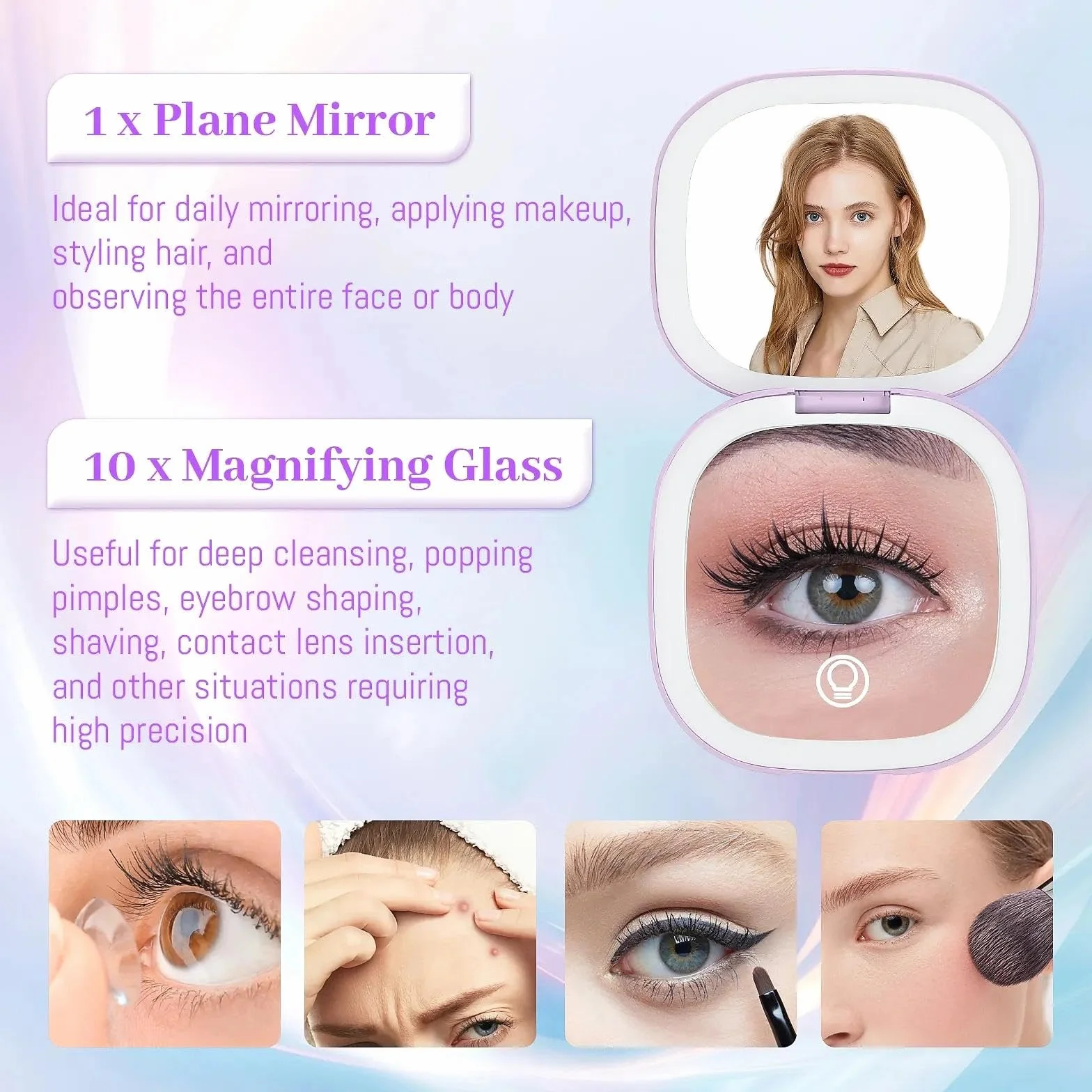 Collazoey LED Espejo de Maquillaje 1X/10X Aumentos USB Recargable 3 Luces Ajustable Plegable Portátil Viaje Morado
