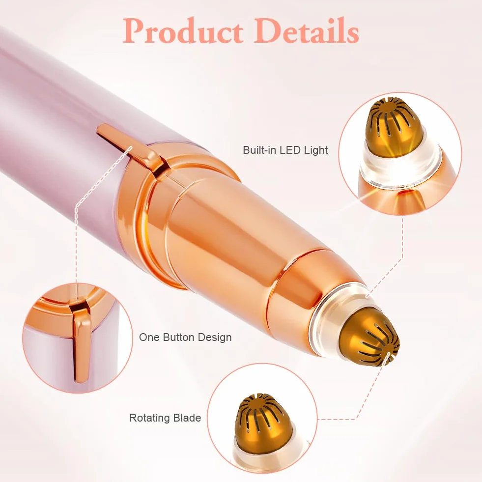 Depiladora Facial Mujer, Depiladora Cejas Mujer Eléctrica, Sin dolor Eléctrica Removedor de Vello Facial, Portátil, USB Recargable y Luz LED, para Cara Nariz Labio (Oro rosa)