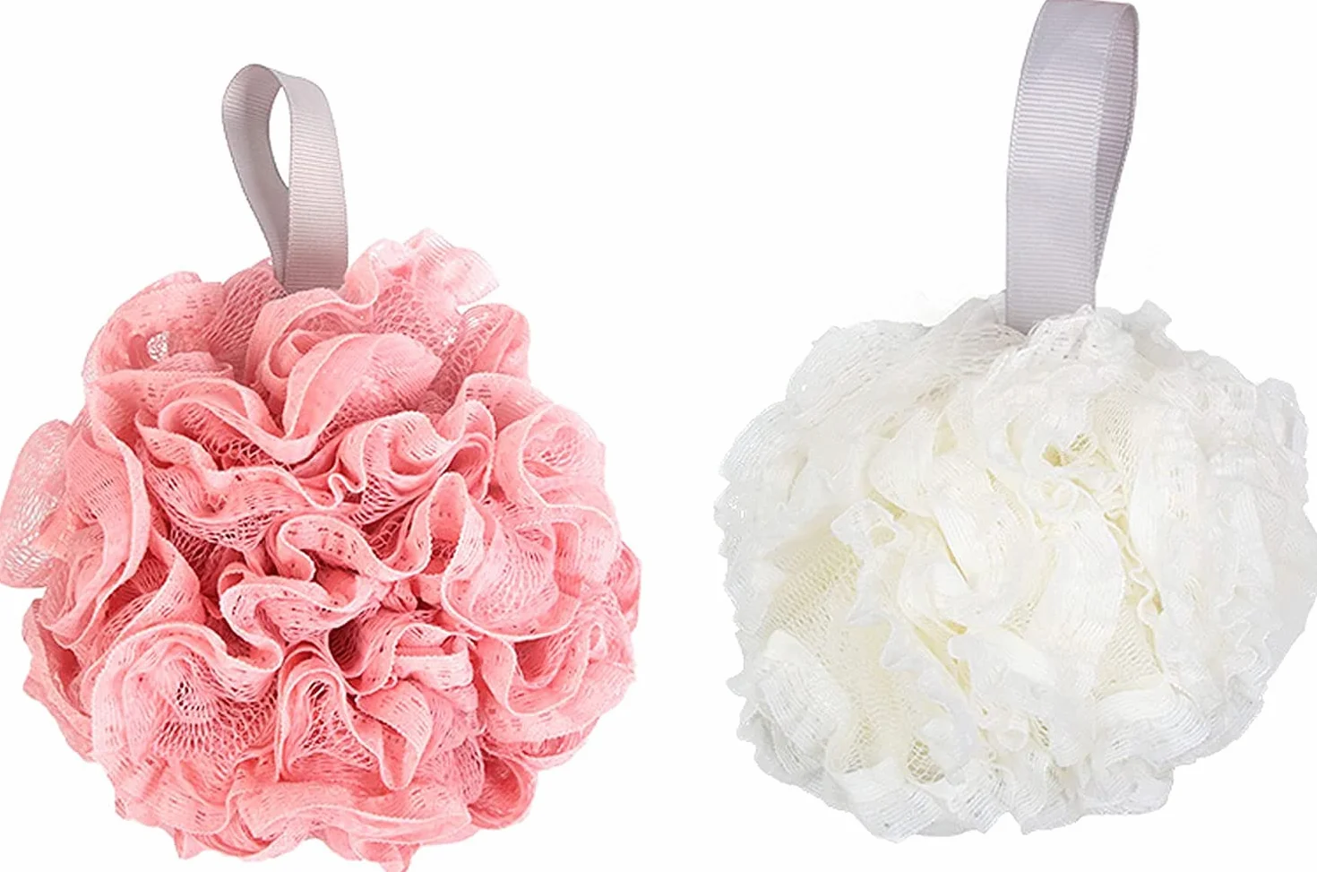 Pufs de baño de esponja de ducha, puf de esponja de ducha de baño, exfoliante corporal, esponja de baño, bola de ducha de baño, bola de espuma de gel, 2 unidades, color blanco (rosa y blanco, 2 unid