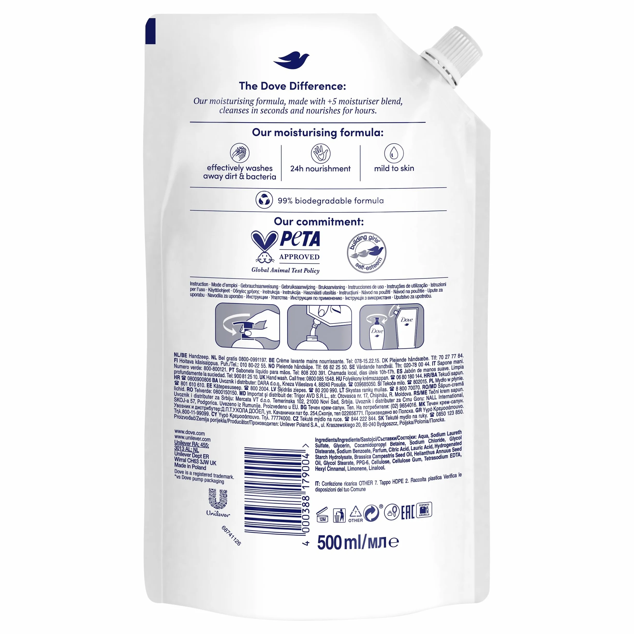 Dove Recarga En Bolsa De Gel De Ducha, 500 ml