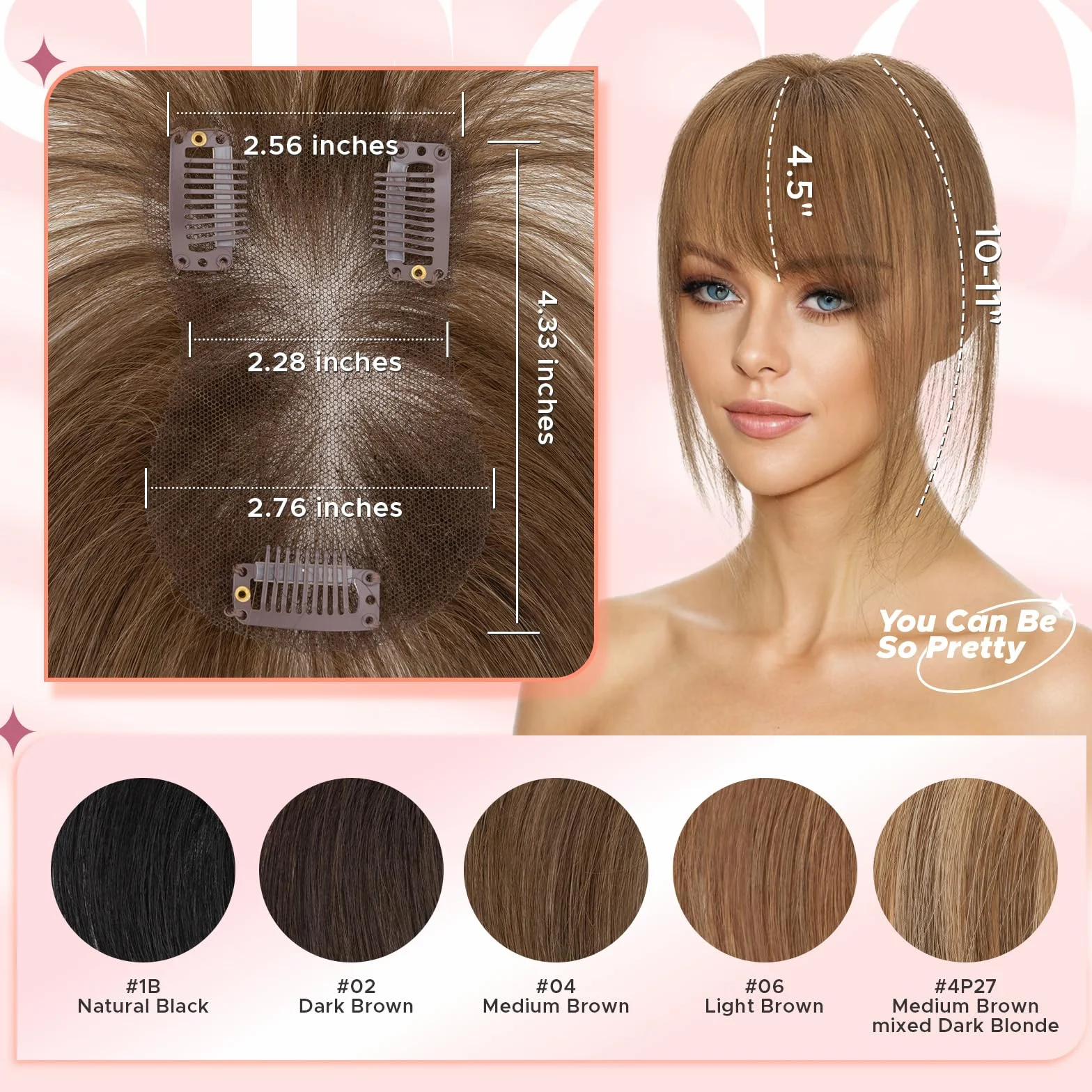 SEGOHAIR Tope de pelo humano para mujeres con flequillo Wispy, 7 x 11 cm, para cabello fino, con cobertura 3D de 360° y base cosida a mano, 14 g, color marrón medio