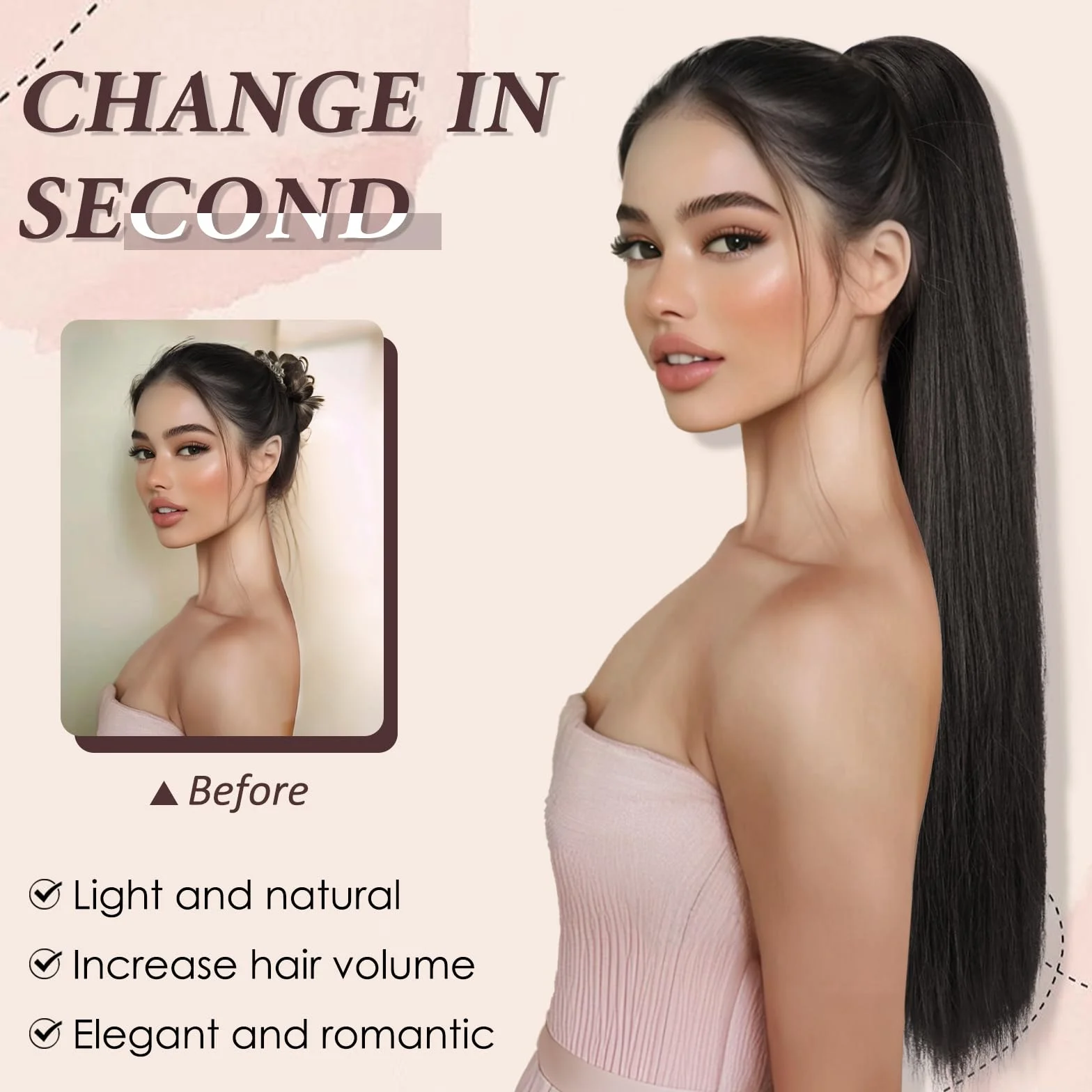 Natural Coleta Postiza pelo 70 cm Largo Liso Cola de Caballo Extensiones Sintetico para Mujeres Negro