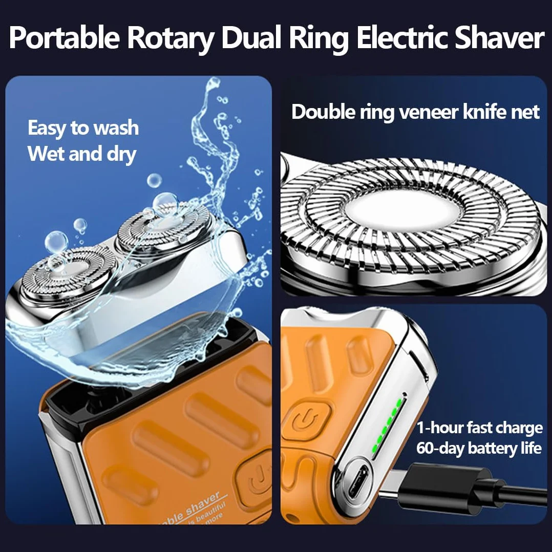 Afeitadora eléctrica portátil de doble anillo rotatorio impermeable recargable USB para hombres naranja
