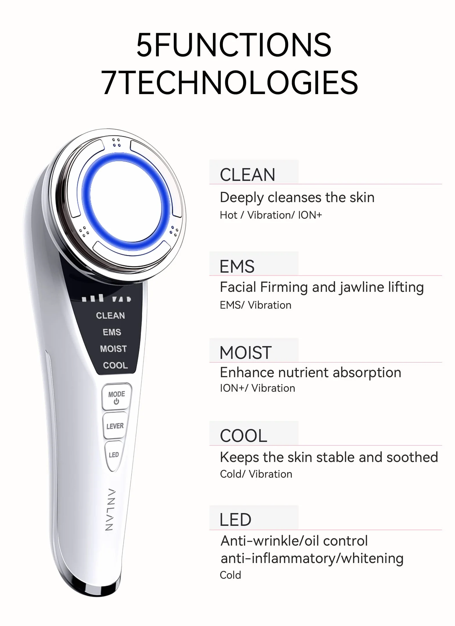 ANLAN Masajeador Facial para Antiarrugas y Reafirmante, 5EN1 Maquina Estetica Antienvejecimiento, Cuidado Facial, Antiflacidez Cara y Cuello, Limpieza profunda, con algodón