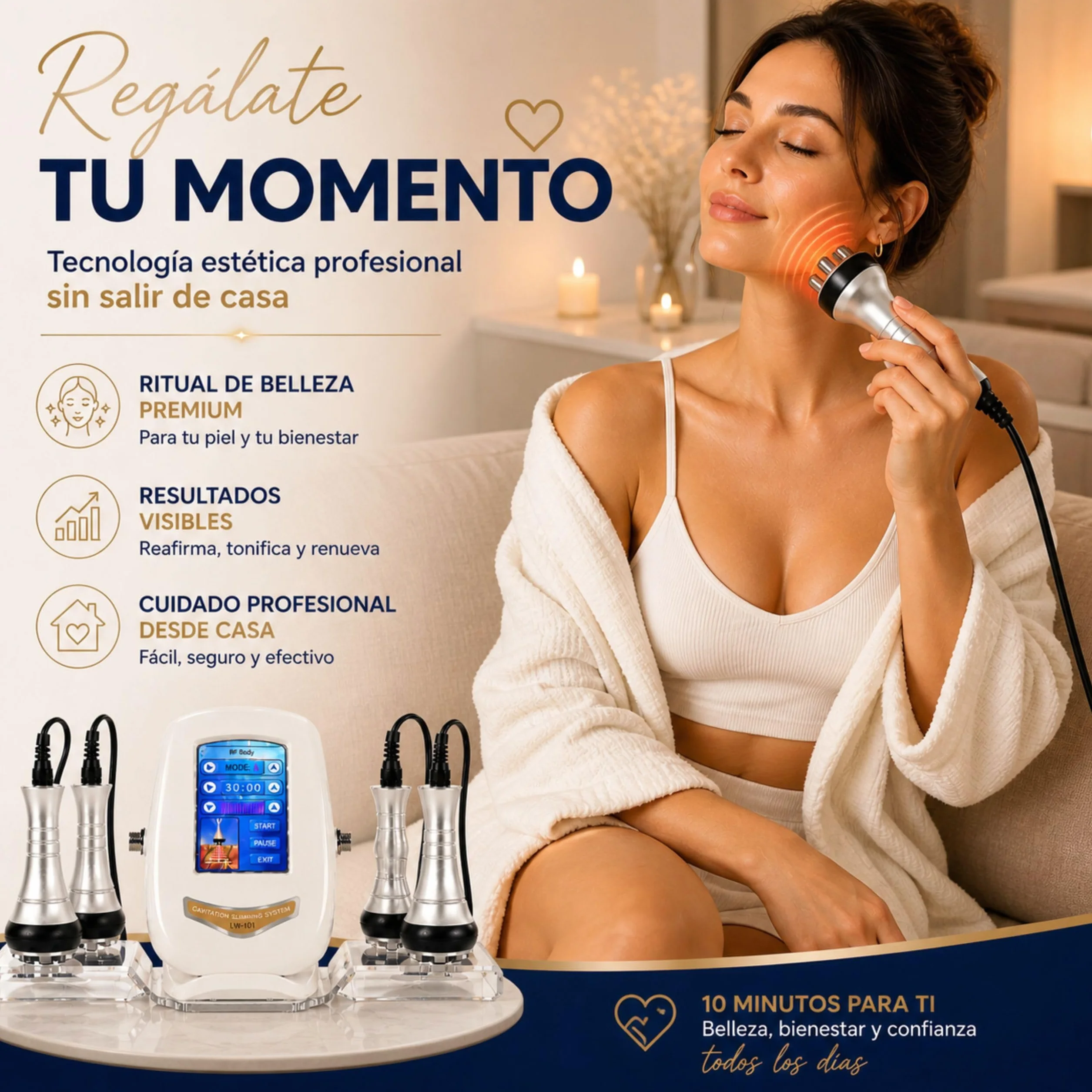 Radiofrecuencia Facial y Corporal 3 en 1 - Aparato de Cavitacion y Masajeador Profesional - Maquina 40 Khz 3 Cabezales
